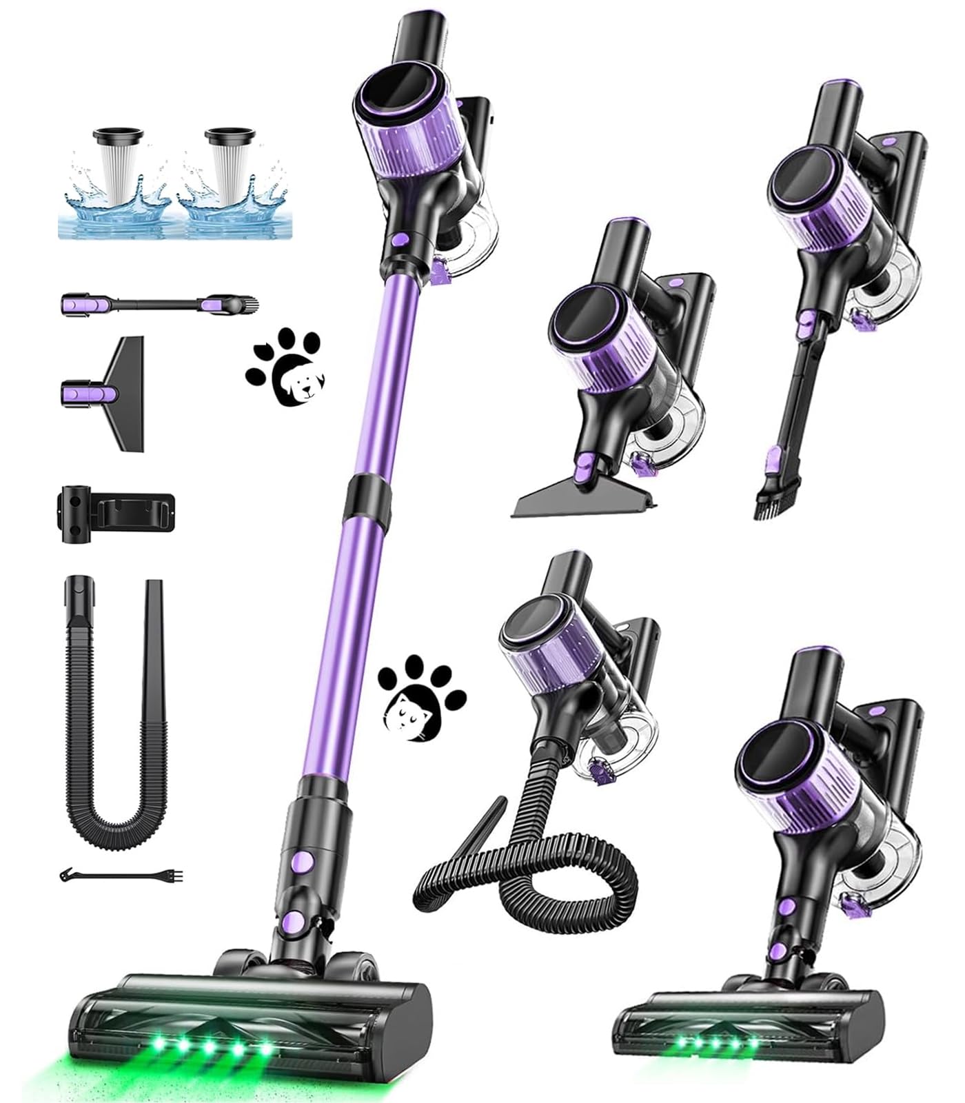OIRFND Cordless Vacuum Cleaner, 10 in 1 Stick Vacuum with Powerful Suction, Hose, Green LED Light, Anti-Tangle Brush, Lightweight Rechargeable Vacuum Cleaner for Home, Hardwood Floors, Carpets
