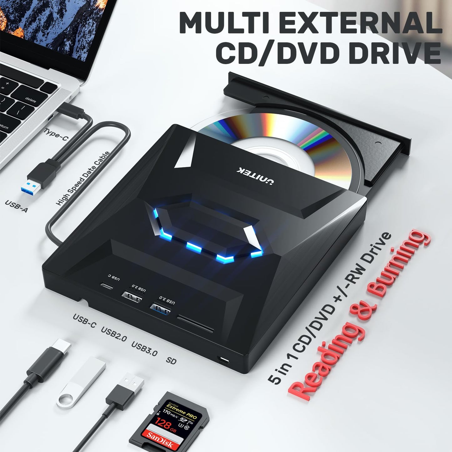 Unitek External CD DVD Drive, USB C Portable CD/DVD +/-RW Drive/DVD Player with SD Card Reader USB 3.0 USB C Hub CD ROM Burner Compatible with Laptop Desktop PC Windows Linux OS Apple Mac