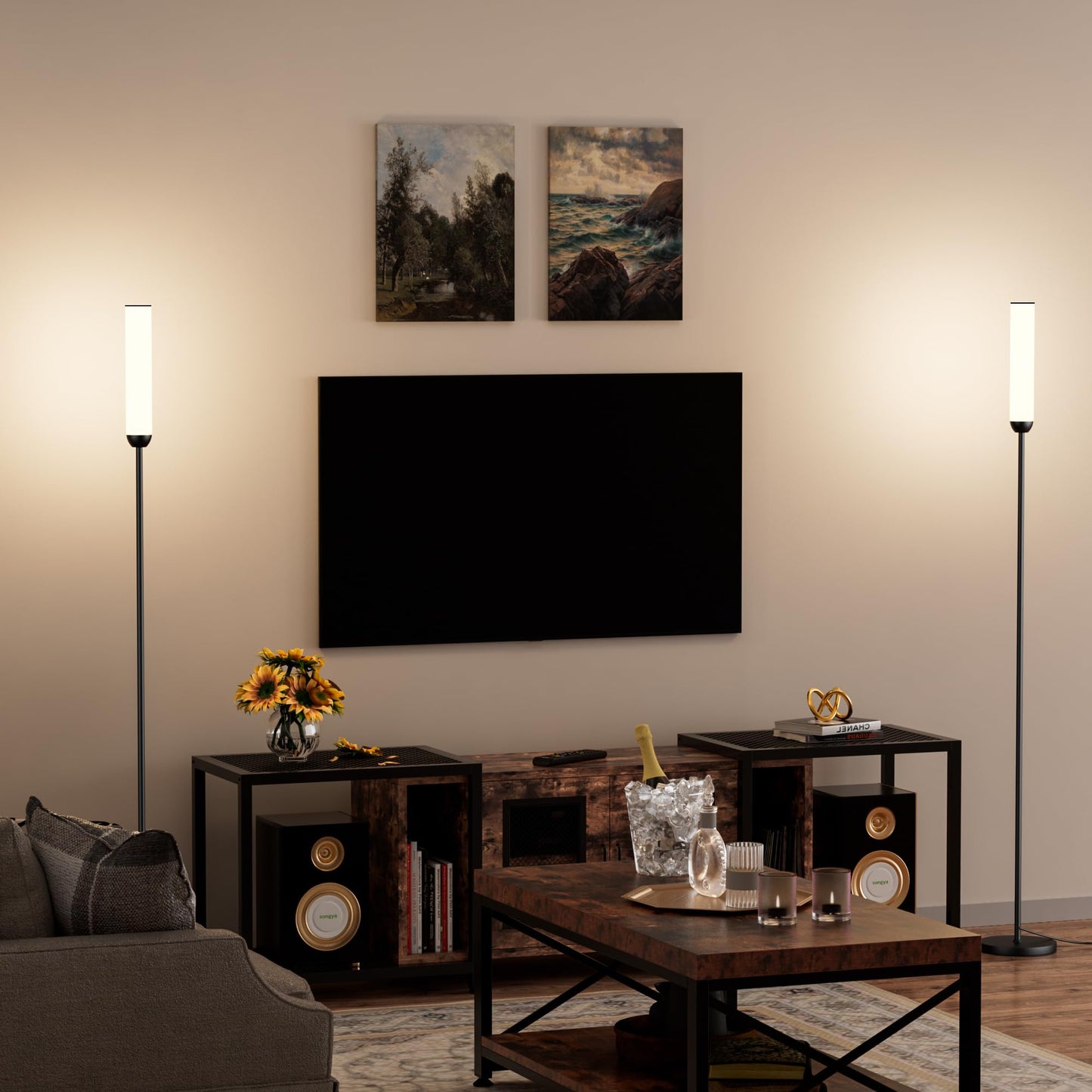 Ambimall LED Floor Lamp with Remote Control Set of 2, 64" Standing lamp with Stepless Adjustable 3000K-6500K Colors & 30-100% Brightness, Tall Lamp with Foot Switch(Black, 2 Pack)