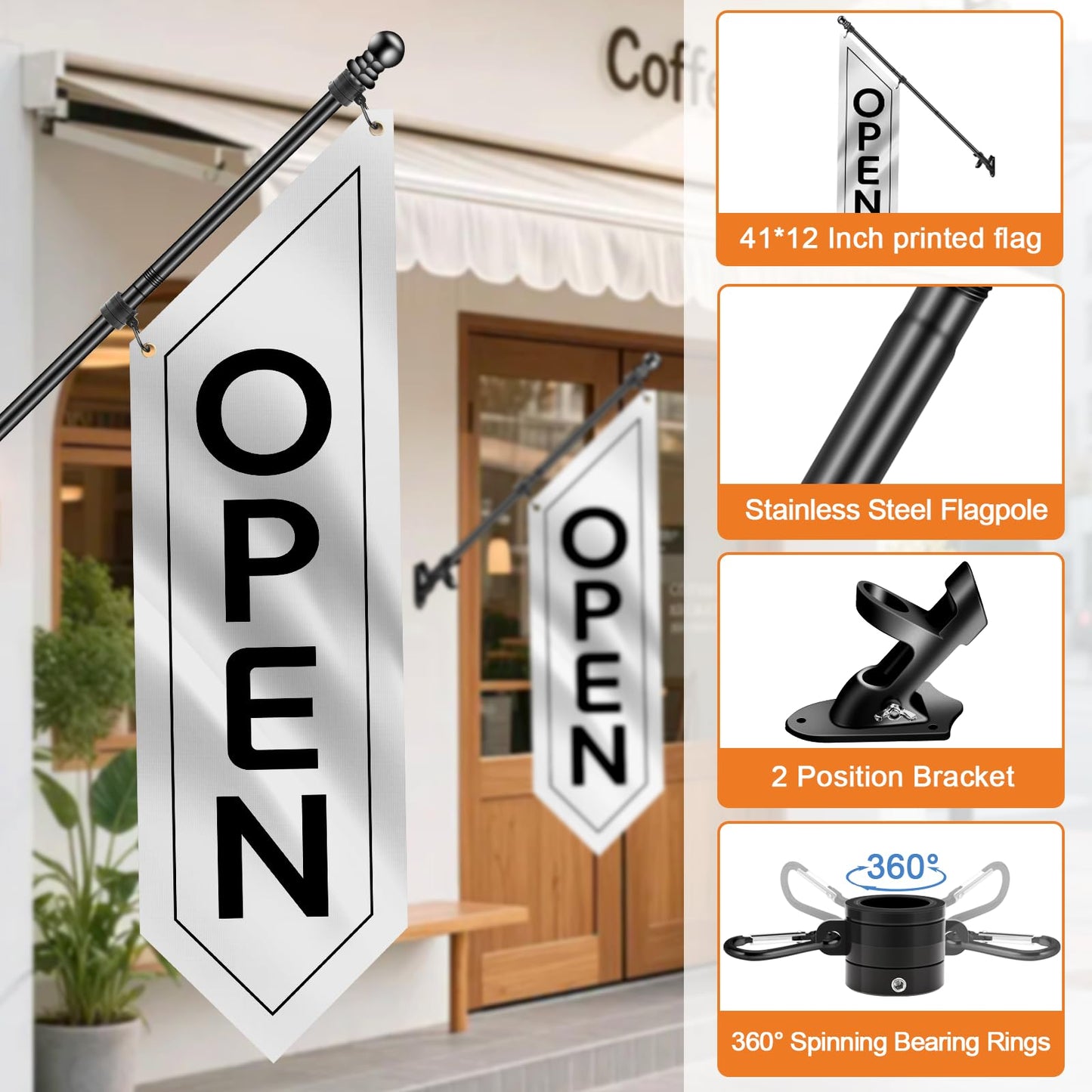 Outdoor Open Sign with Pole-Mounting Kit, Double-Sided Heavy Duty Open Banner for Business, Three-ply Advertising Open Flag with Bracket for Retail Storefront & Shops (White, 41x12 Inch)