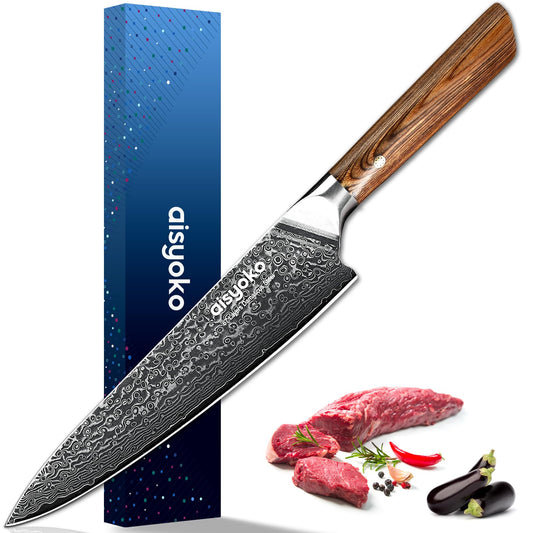 aisyoko Damascus chef knife 8-inch sharp kitchen knife Japan VG-10 stainless steel ergonomic color wooden handle luxury gift box - with scabbard