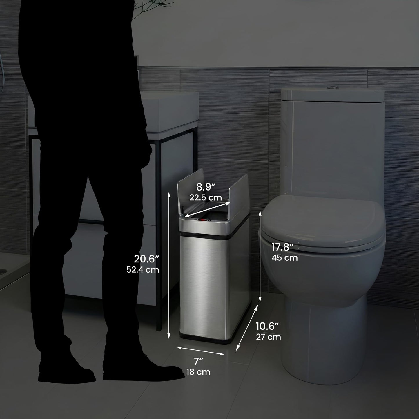 iTouchless 15 Liter / 4 Gallon Stainless Steel Wings Open Lid Sensor Bathroom Trash Can with AC Adapter, Touchless Automatic Operation, Compact Design for Home, Office, Kitchen, Bedroom, Restroom