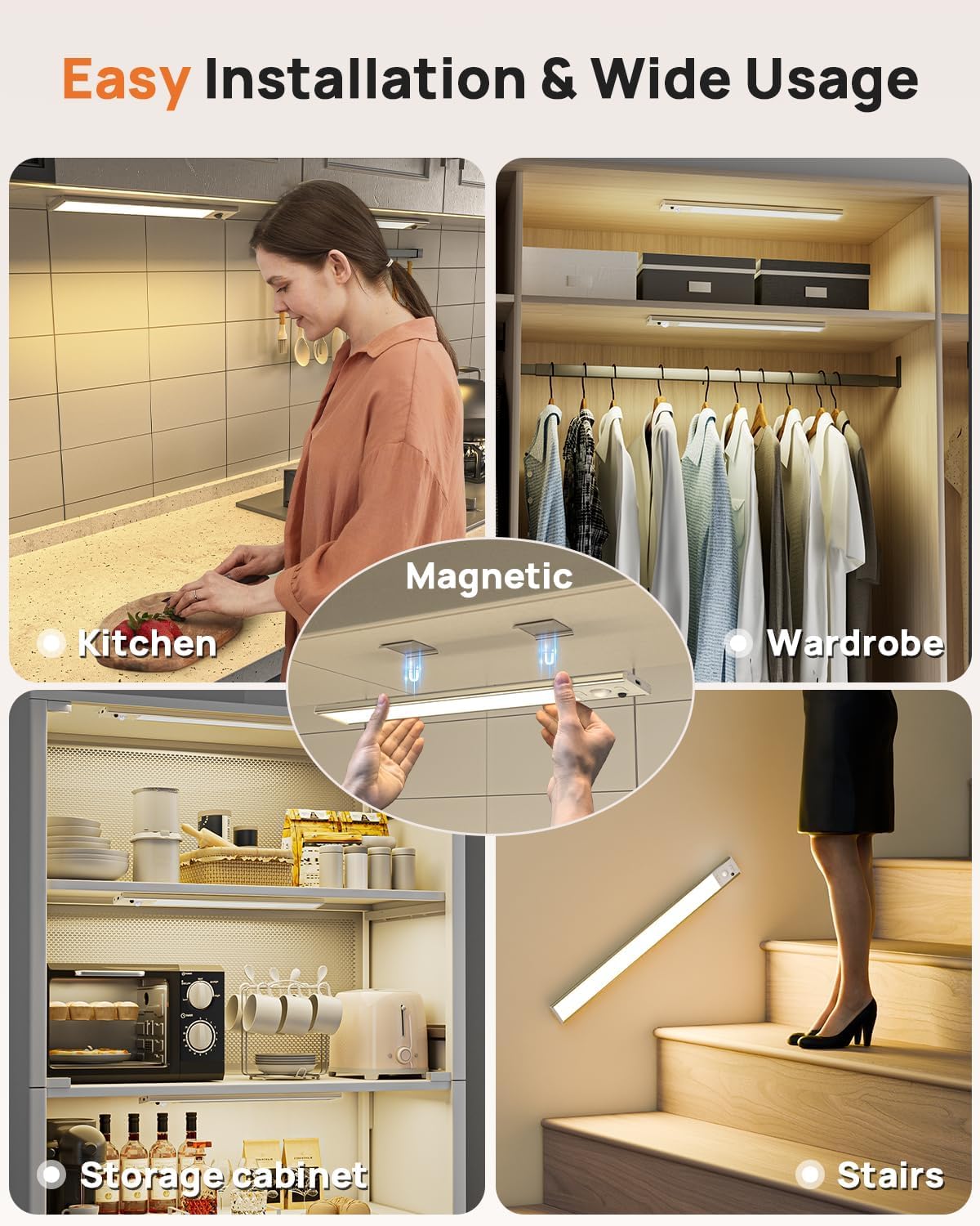 16in Under Cabinet Lighting with Remote, LED Motion Sensor Light Indoor, Rechargeable Closet Lights Wireless, Dimmable, 3 Color Temps, Magnetic Under Counter Lights for Kitchen, Pantry, Stair, 5 Pack