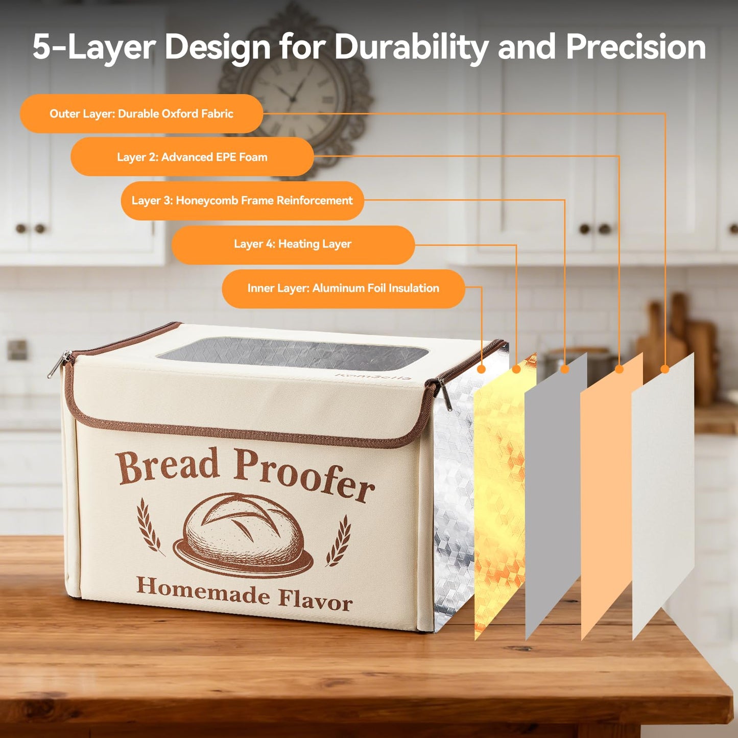 Proofing Box - Foldable Proofing Bread Box with 68-122°F Temp Control & 48H Timer, Bread Proofer for Sourdough, Pizza Dough, Yogurt, Kombucha, 5-Layer Fabric (Beige)