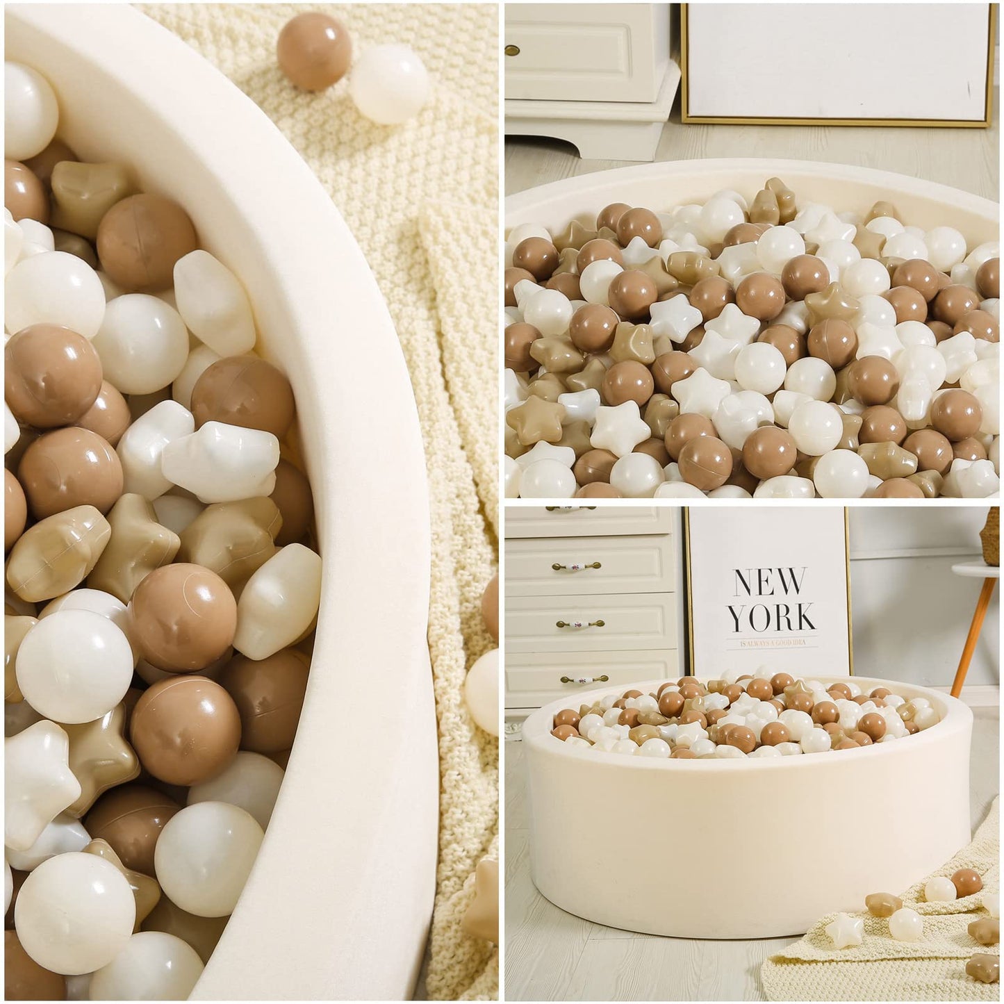 TRENDPLAY 100 Star Ball Pit Balls - BPA&Phthalate Free Non-Toxic Play Balls Soft Plastic Balls for 1 2 3 4 5Years Old Toddlers Baby Kids Birthday Pool Tent Party (2.16inches) Milktea+Coffee+Beige