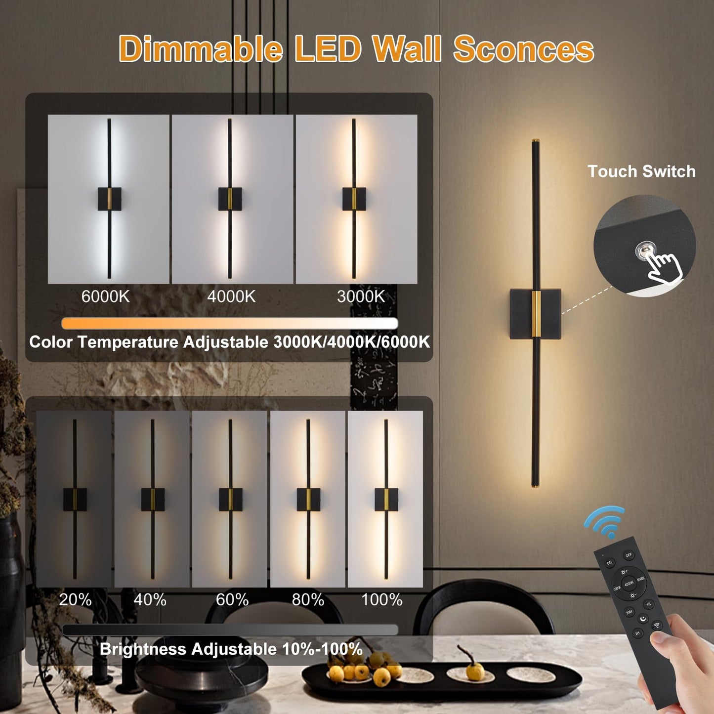 LED Wireless Wall Sconces Set of Two Dimmable Battery Powered Wall Sconce with Remote Control 360°Rotate Black Gold Cordless USB Rechargeable Wall Light for Living Room Bedroom Hallway 32 Inch 2 Pack