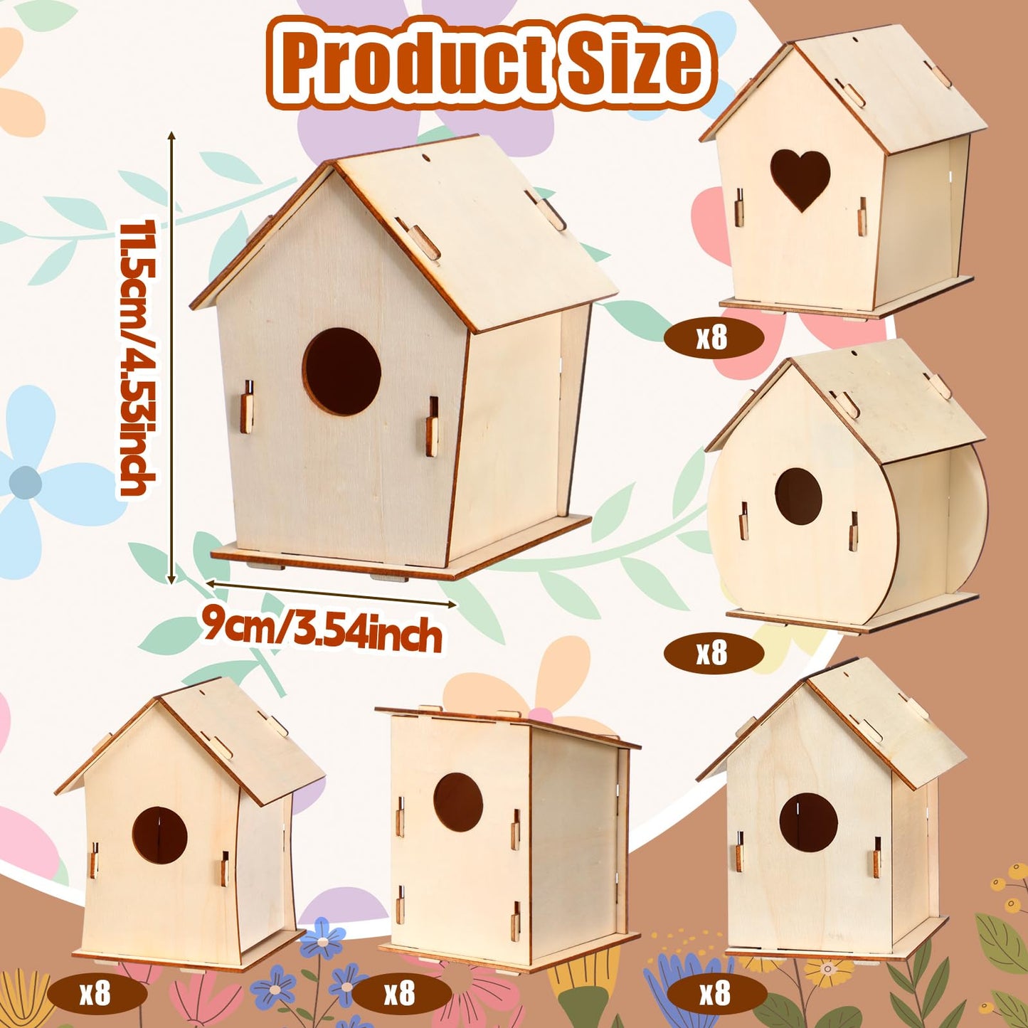 Amyhill 48 Pack Wooden Bird Houses Set for DIY Crafts Bulk Spring Unfinished DIY Wood Birdhouses to Paint Build Art Painting Bird House Hanging Spring Ornaments for Tree Crafts Party Gifts