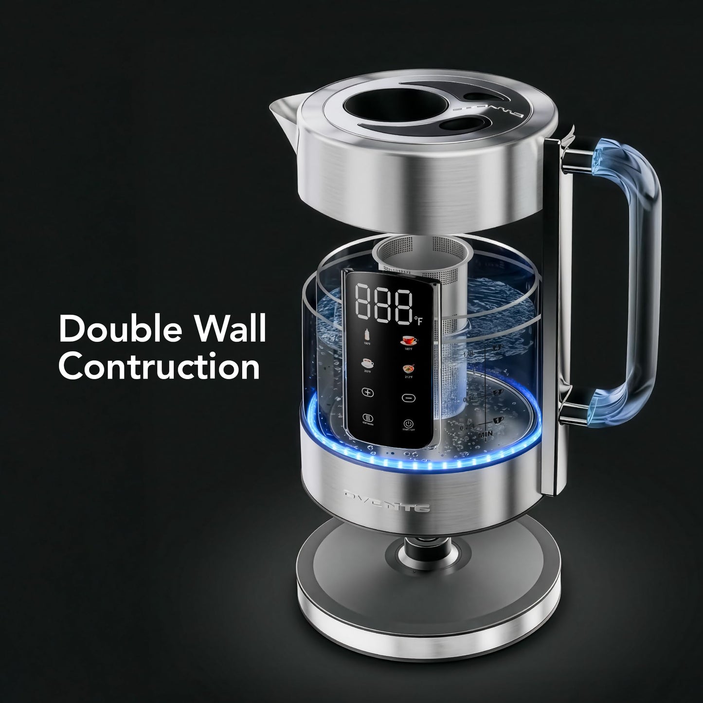 OVENTE Digital Glass Electric Tea Kettle 1.7L with Color-Changing LED Lights Temperature Control, Double-Wall Cool Touch, 4 Presets, Keep Warm, Tea Infuser & Boil-Dry Protection, Silver KGD913S
