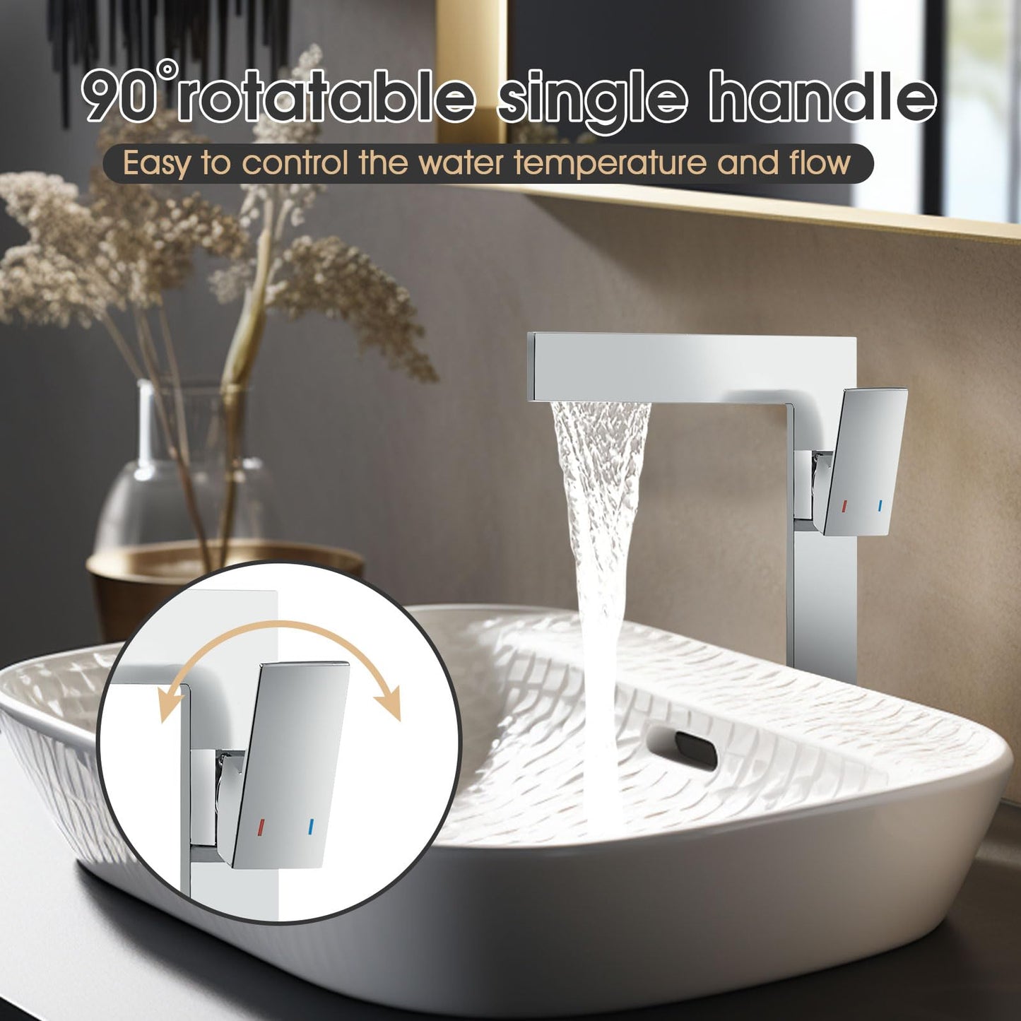 Chrome Tall Bathroom Sink Faucet Ultra Thin Design, Single Handle Vessel Faucet for Bathroom Sink,1 Hole Lavatory Bowl Sink Faucets Solid Brass(Chrome)