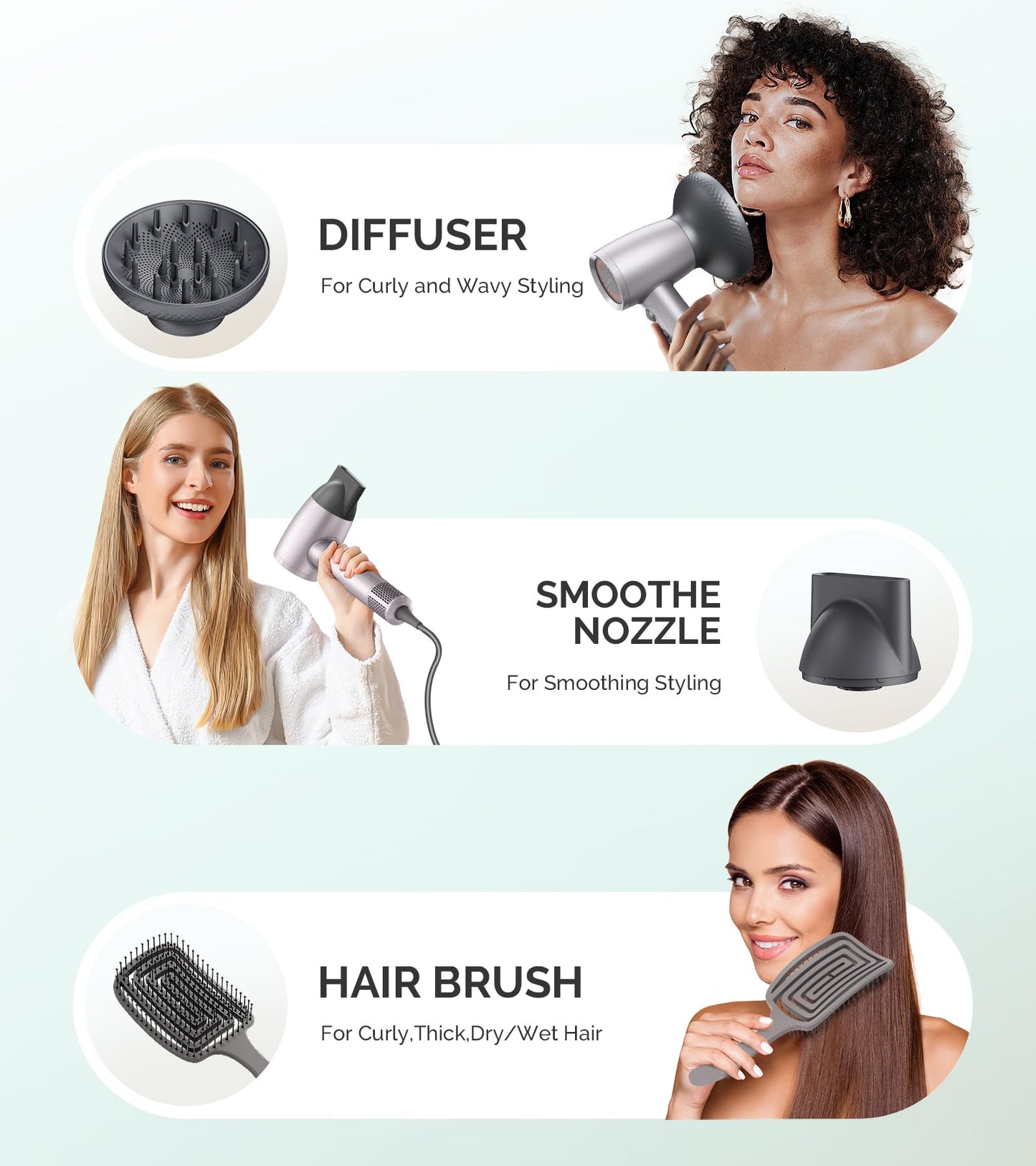 MelodySusie Hair Dryer with Diffuser,1600W Powerful Ionic Blow Dryer with Diffuser,Nozzle and Hair Brush,3 Temps & Stepless Speed,120000 RPM Fast Drying Low Noise Hairdryer,Ideal for Women Curly