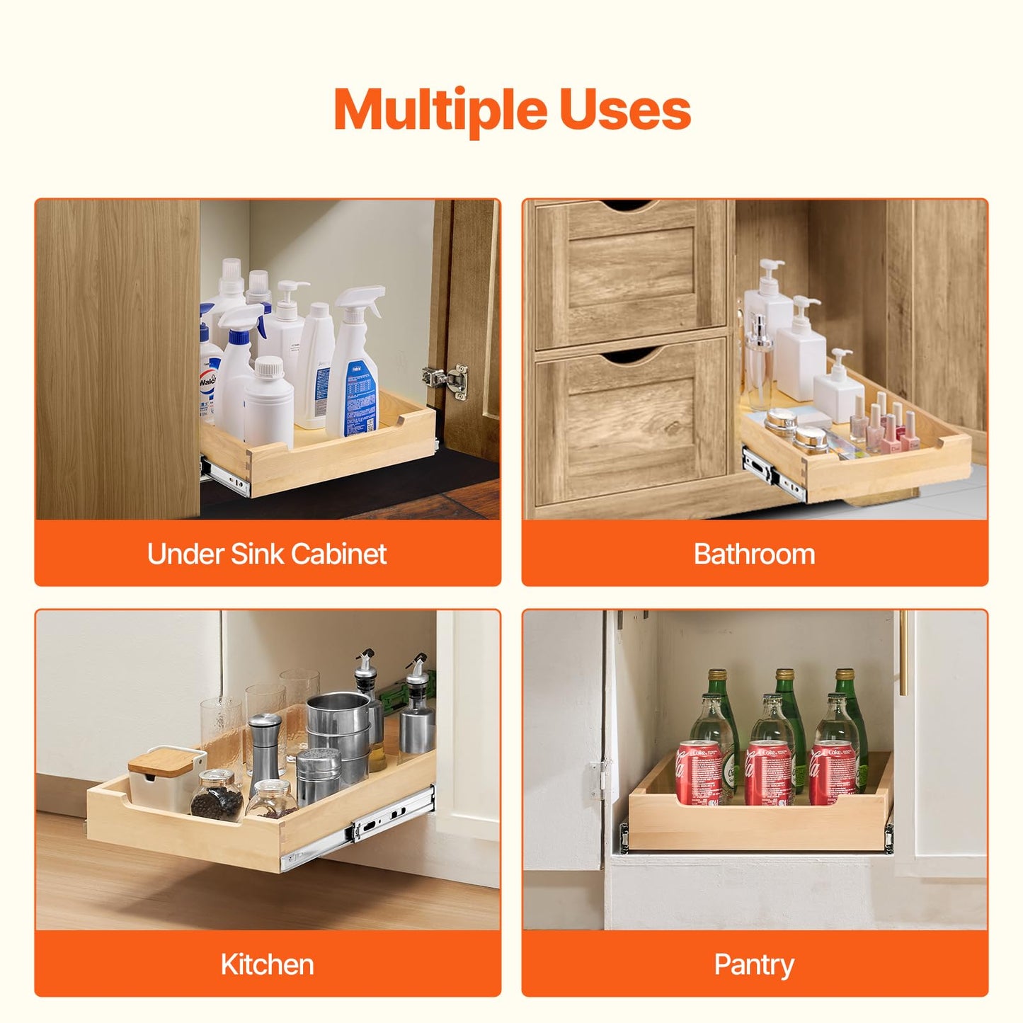 VEVOR Pull Out Cabinet Organizer, 14"W x 21"D Cabinet Drawer, Soft Close Slide out Shelf, Heavy-Duty Sliding Wood Drawer, Bottom Mount Size（14.5"W x 23"D）and Side Mount Size（15"W x 23"D）