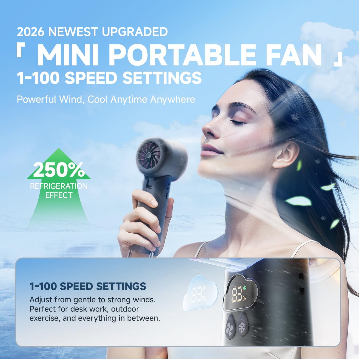 DooGooCoo [2026 Upgrade] Portable Cooler Handheld Fan, [Coldest Turbo Hand Fan] 15000RPM 24H Max Cooling Time Highly Speed (1-100) Hand Fan, Collapsible Mini Small for Travel, Office (Grey)