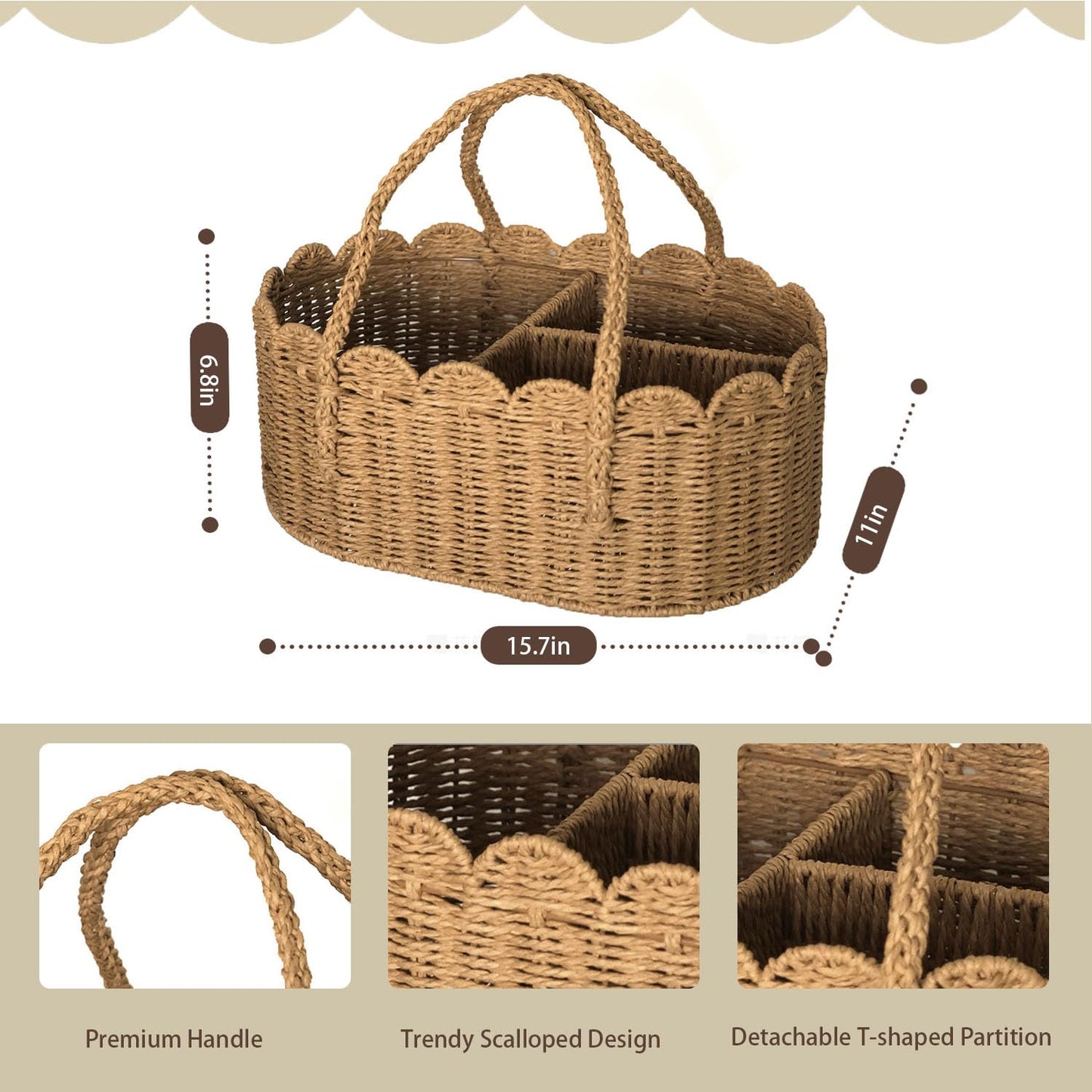wwmayfeel Diaper Caddy Organizer, Paper Rope Storage Baskets Nursery Bin with Removable Divider, Portable Car Organizer for Diapers, Baby Shower Gifts, Newborn Essentials Must Haves