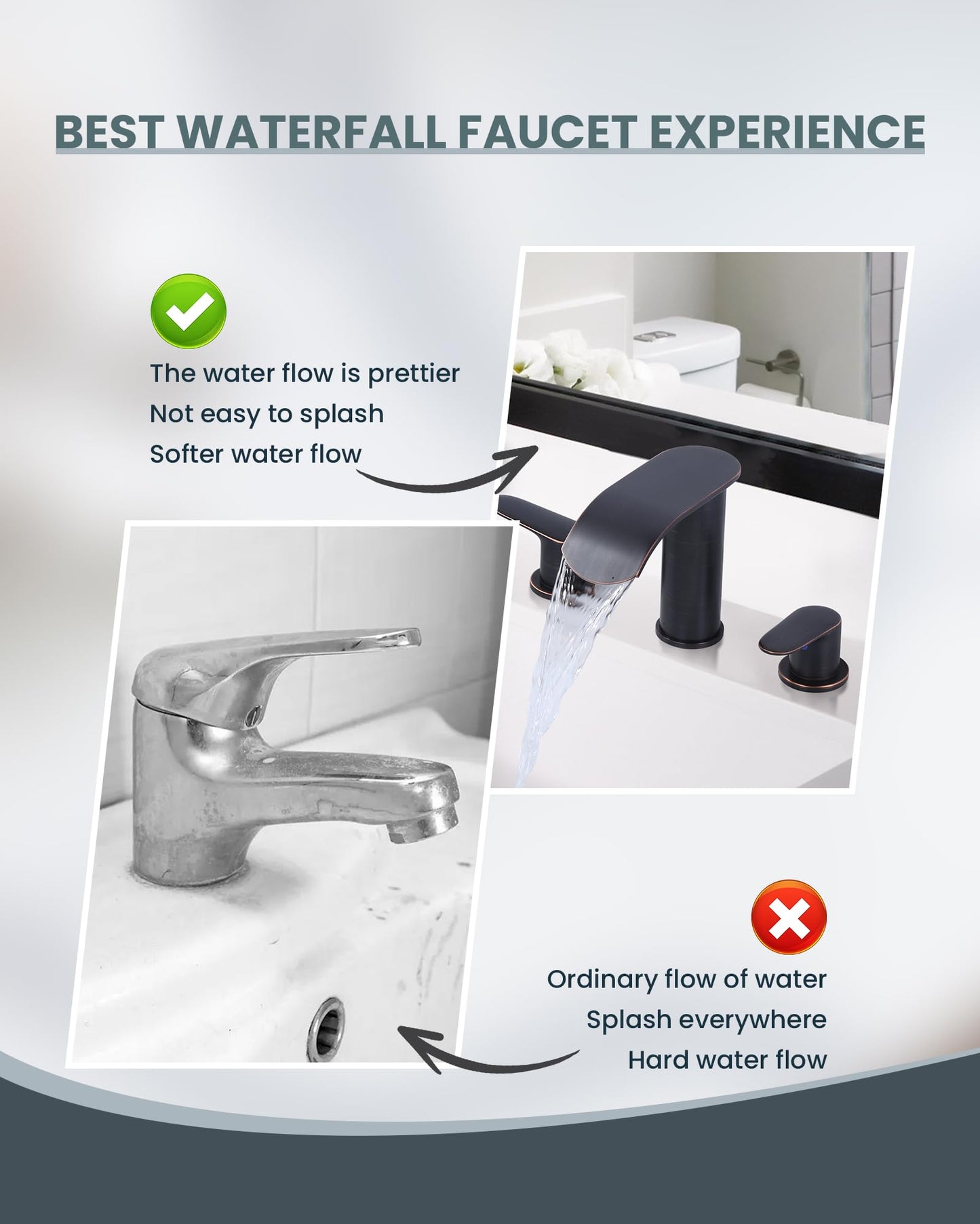 WOWOW Waterfall Bathroom Faucet 3 Holes 8Inch Widespread Bathroom Sink Faucet, Two Handles Lavatory Vanity Sink Faucets with Pop-up Drain & Supply Hoses, Modern Faucet Mixer Taps Oiled Rubbed Bronze