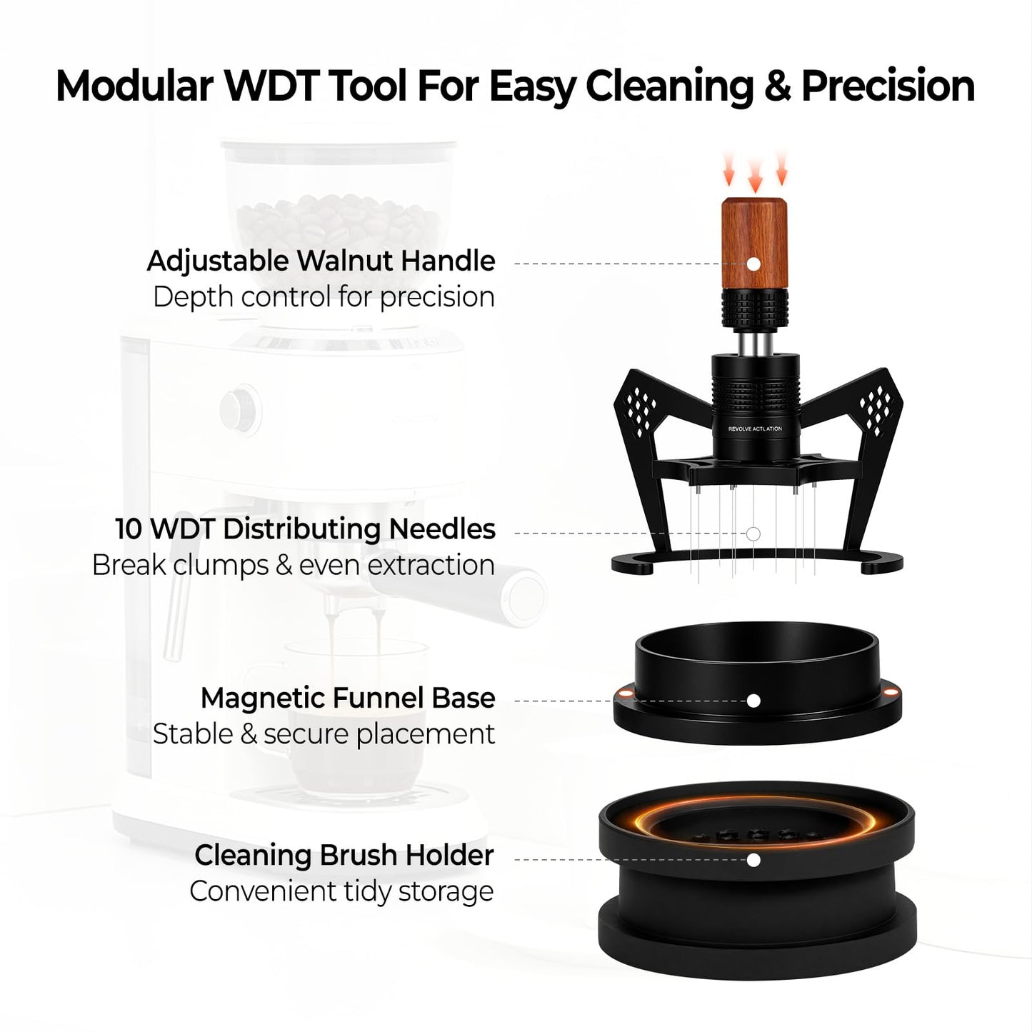 IKAPE Mantis WDT Distribution Tool with Clean Brush, 58.5mm Espresso Stirrer Distribution Tool for Barista, 10 Needle Espresso Stirrer with Dosing Funnel&Stand, Adjustable Needle Height, Walnut Handle