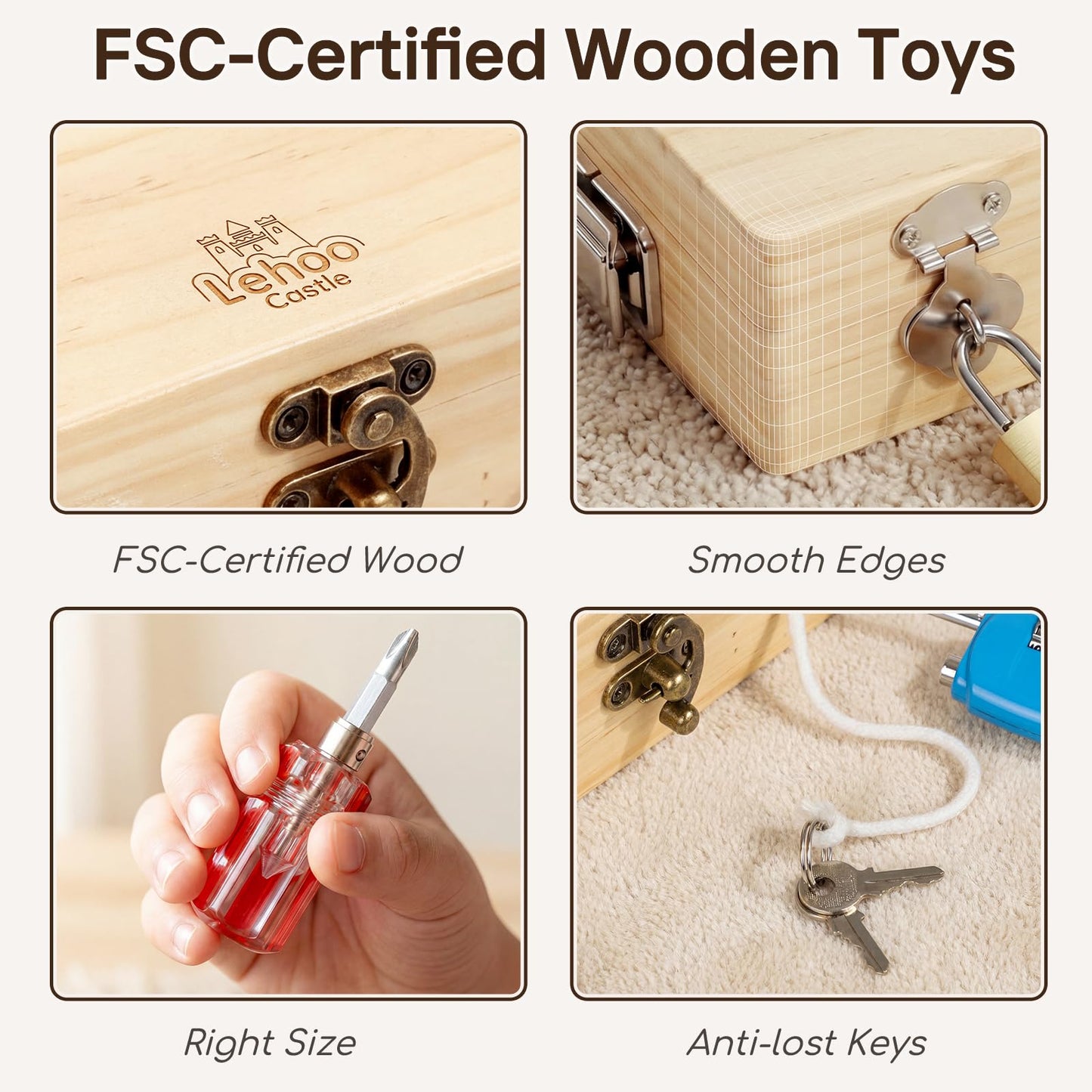 Lehoo Castle Montessori Toys for 3 4 5 Year Old Boys Girls, Wooden Screwdriver Board Set with Anti-Lost Keys & Real Locks, Fine Motor Skills Toddler Travel Toys & Kids Tool Kit