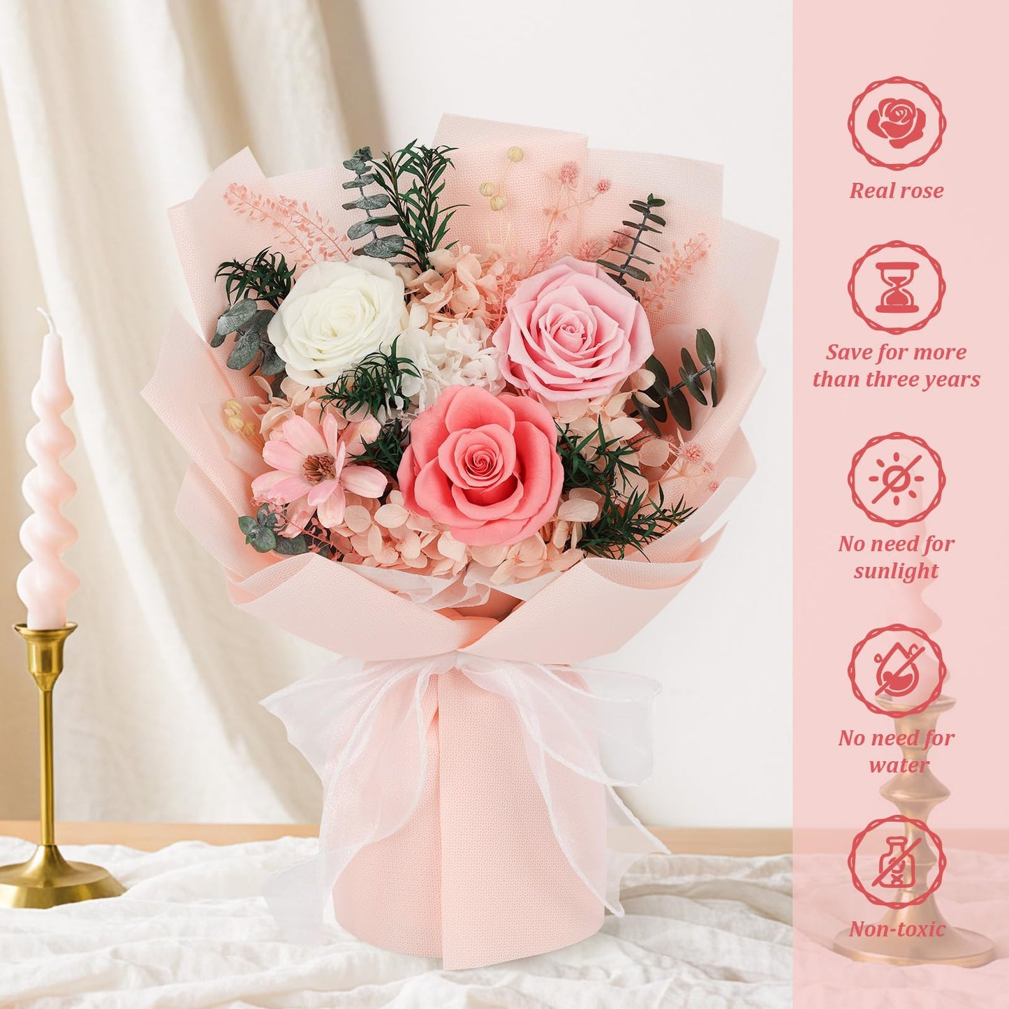 Flowers for Delivery Prime Preserved Flowers Bouquet with Vase That Last 3-5 Years Real Forever Flowers Pink Rose Bouquet for Mom Mother Women Wife Friends Birthday Mothers Day Gifts