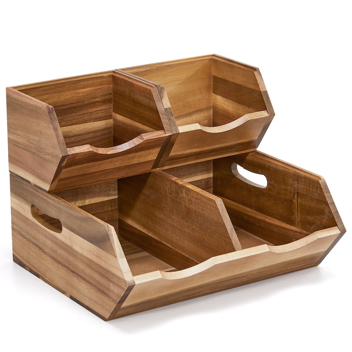 ICOHOT Acacia Wood Pantry Storage Bins, Stackable Storage Baskets Potato and Onion Storage Bins, Pantry Organizer Wooden Baskets Organization and Storage, Set 3 Pieces