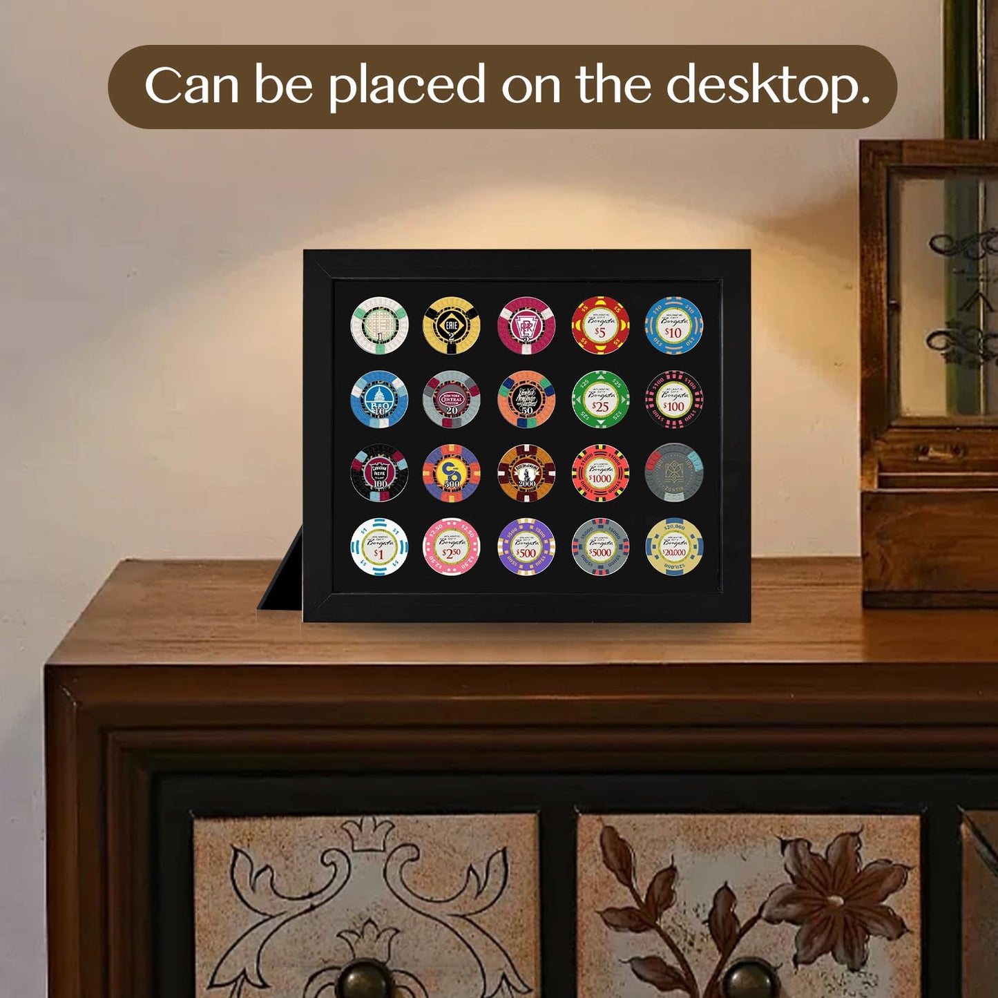 Poker Chip Display Frame for 20 Chips, 11.8"x9.8" with EVA Foam Lining & Black Flocked Fabric, Wall Mount or Tabletop Display