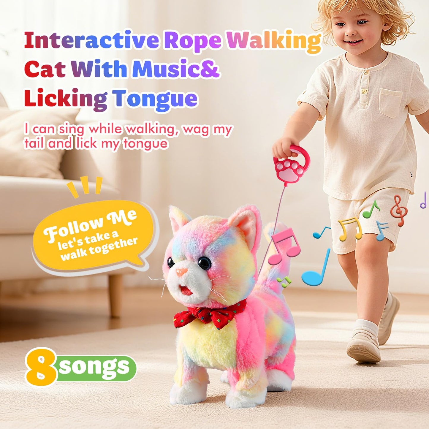 Marsjoy Colorful Leash Walking Cat Set Singing That Purrs and Meows Stick Out Tongue Animated Plush Robot Kitten Pet Moving Plush Realistic Stuffed Animal Remote Control Cute Robotic Kitty Toy