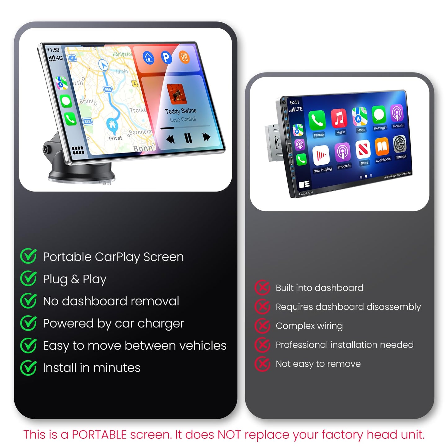 9" Portable CarPlay Screen for Car, CooCom UHD Car Stereo with Touch Screen with Apple CarPlay&Android Auto,4K Dash Cam,1080P Backup Camera,Mirror Link, Voice Control, Bluetooth 5.3,GPS,FM
