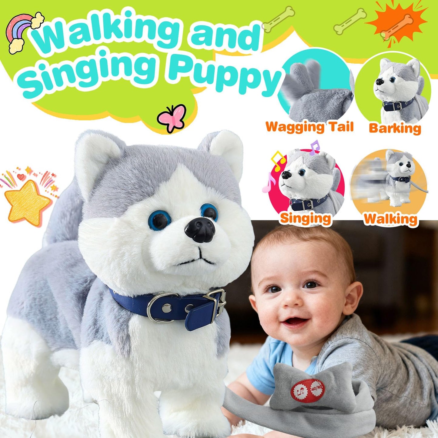 Husky Walking Dog Barking Toy, Musical Singing Dancing Dog, Volume Control Interactive Puppy Walk Along with Leash, Wagging Tail Shaking Head, Robot Dog Plush Stuffed Animal Puppy