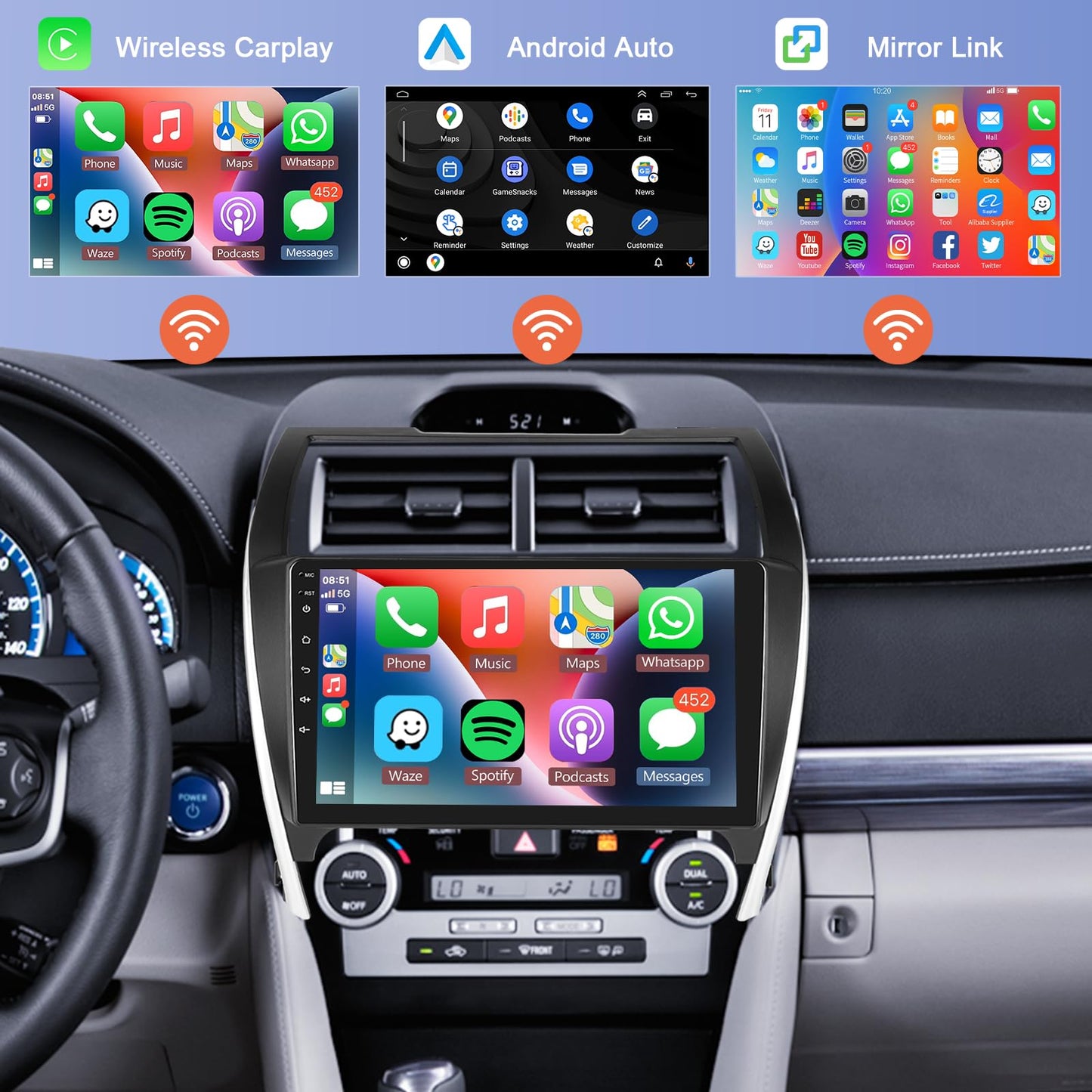 Car Radio Stereo for Toyota Camry 2012 2013 2014, 1G+32G Rimoody Carplay Android 13 10.1 inch Touch Screen GPS Navigation WiFi HiFi Bluetooth FM Radio Mirror Link Head Unit + AHD Backup Camera