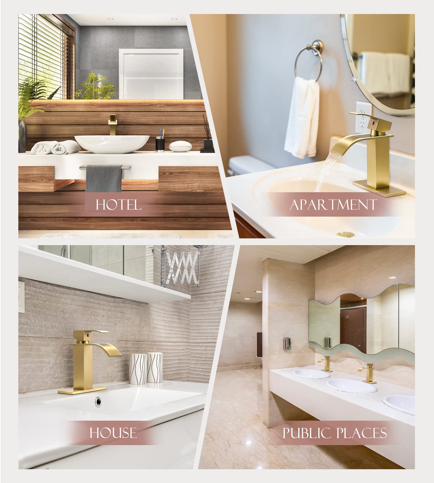 YardMonet Gold Bathroom Faucet, Modern Single Hole Waterfall Spout Sink Faucet, Brushed Gold With Drain Assembly and Hose