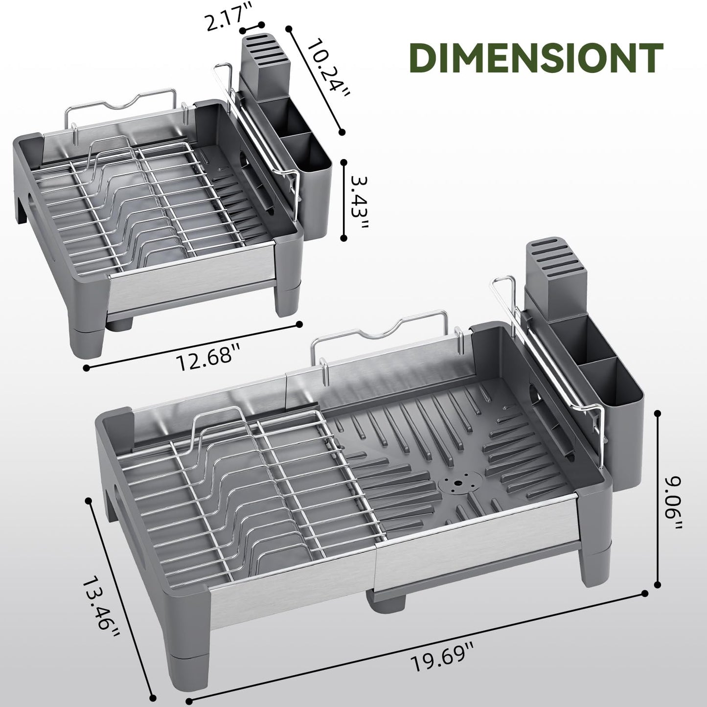 Urackify Expandable Dish Drying Rack, Stainless Steel Dish Rack with Aluminum Frame, Dish Drainer for Kitchen Counter, Space Saving Kitchen Drying Rack with Movable Utensil Holder, Gray