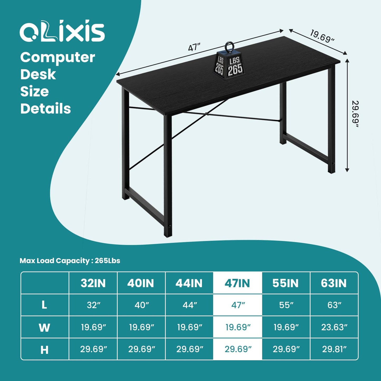 OLIXIS 47 Inch Home Office Desk, Small Computer Work Table with X-Shaped Reinforcement, Modern Simple Writing and Study Desk for Home Office, Bedroom, or Dorm Room, Black