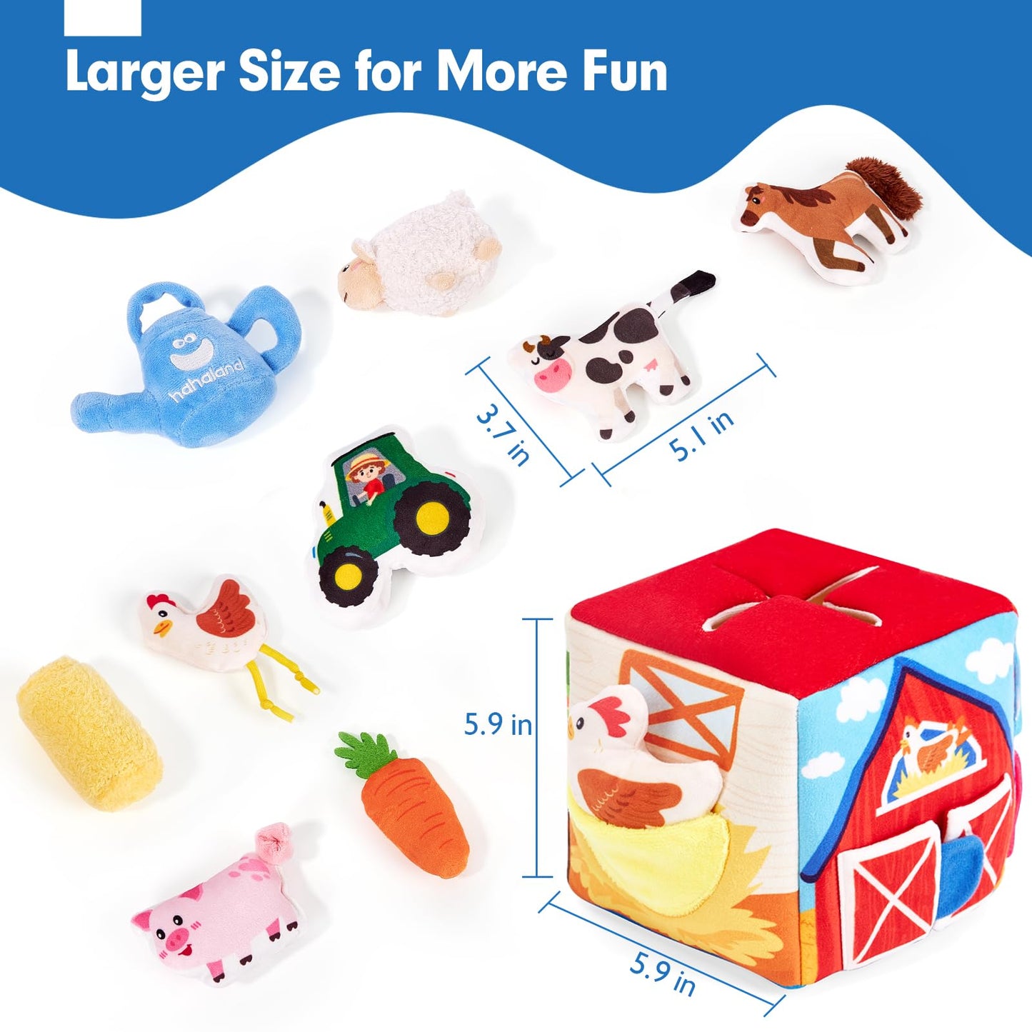 hahaland Baby Toys 6-12 Months - 13Pcs Surprise Developmental Box with Stuffed Farm Animals, Rattle, Crinkle Tissue, Squeaker, Mirror, Soft Activity Sensory Toy Montessori Toy for Babies