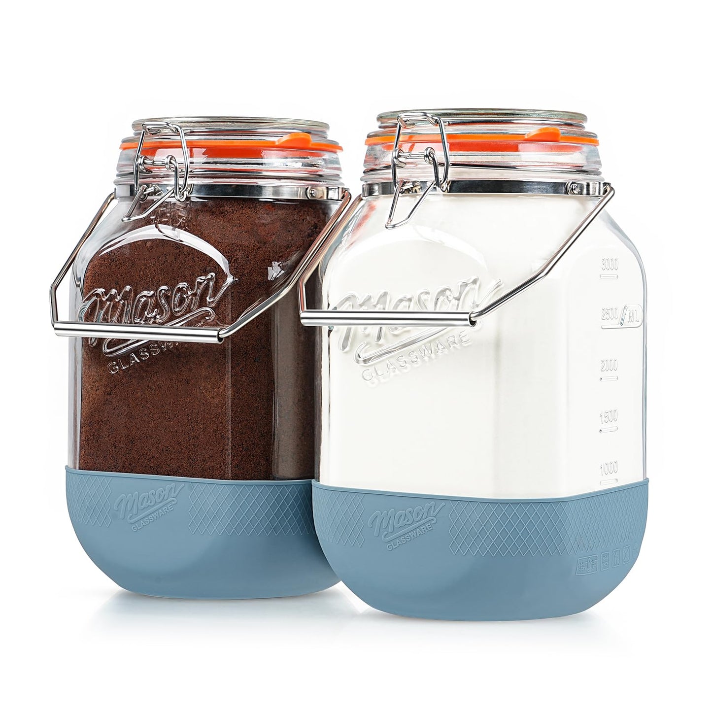 2 Pack Square 1 Gallon Glass Jar with Airtight Lid, Large Mason Jars Wide Mouth 128 Oz with Scale Marks & Handle, Glass Storage Containers with Anti-slip Base for Kitchen, Pantry, Laundry Room, Flour