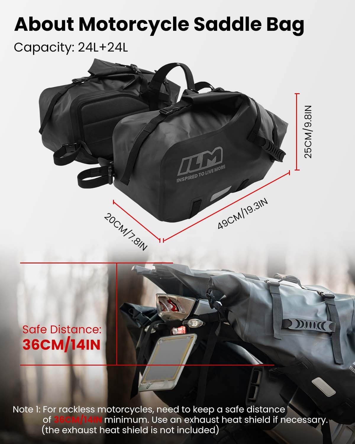 ILM Motorcycle Saddlebags Waterproof Motorbike Side Bags Panniers Large Capacity 48L(24L*2) Adventure Dual Sport BS3