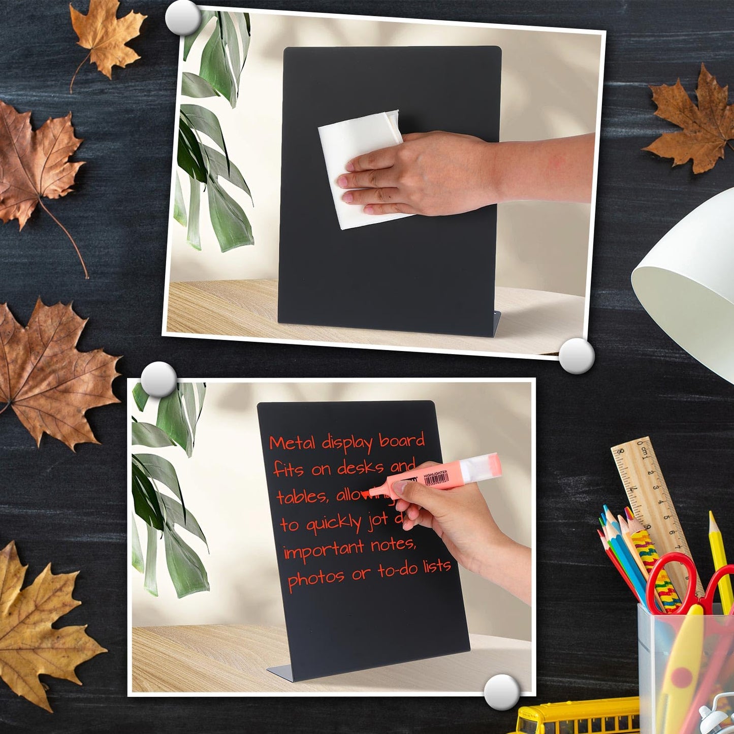 Fainne 4 Pcs Magnetic Bulletin Board with Easel Stand Mini Magnet Metal Tabletop Memo Display Board for Back to School Menu Table Office Supplies (Black,11 x 8.5 Inches)