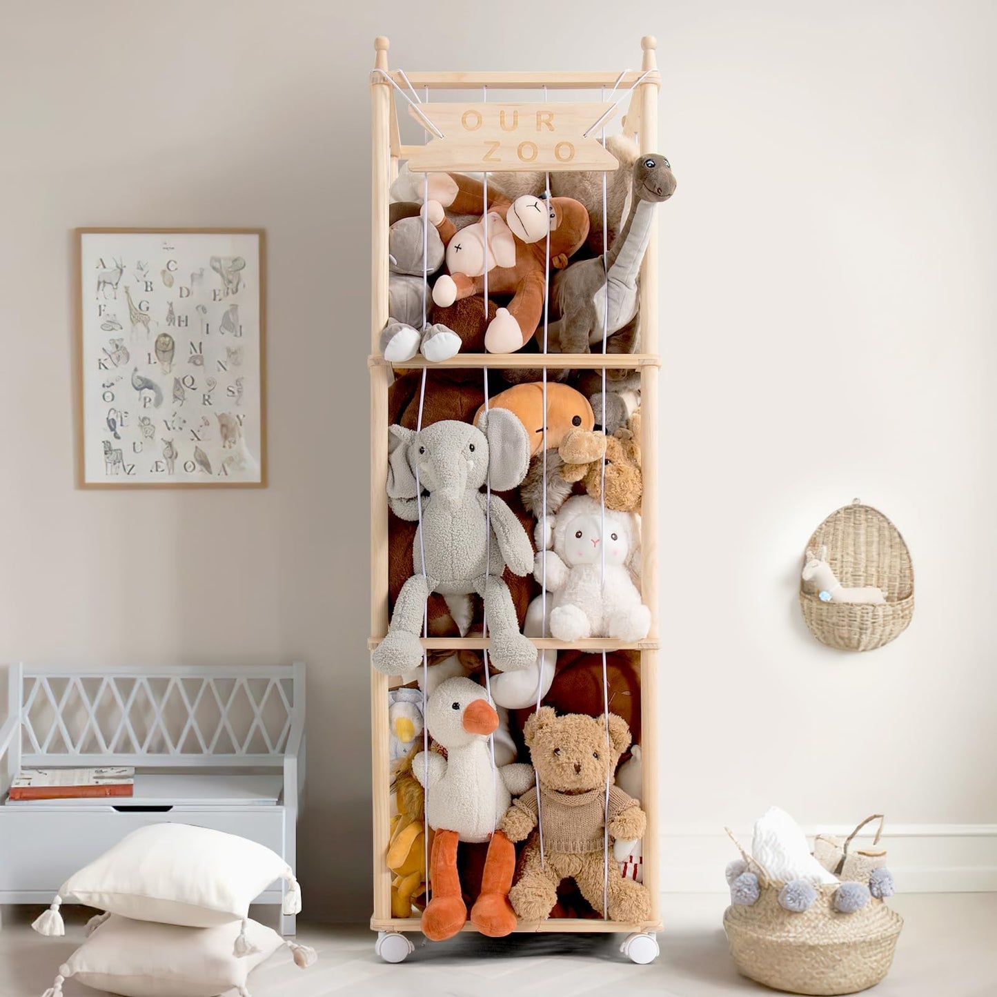 Mloong Stuffed Animal Storage, Wood Stuffed Animal Zoo Storage,Space Save Toy Organizer, Extra Large Capacity Plush Toy Cage,Stuffed Animal Holder,Gift for Nursery Playroom Kidroom Bedroom-54 inch