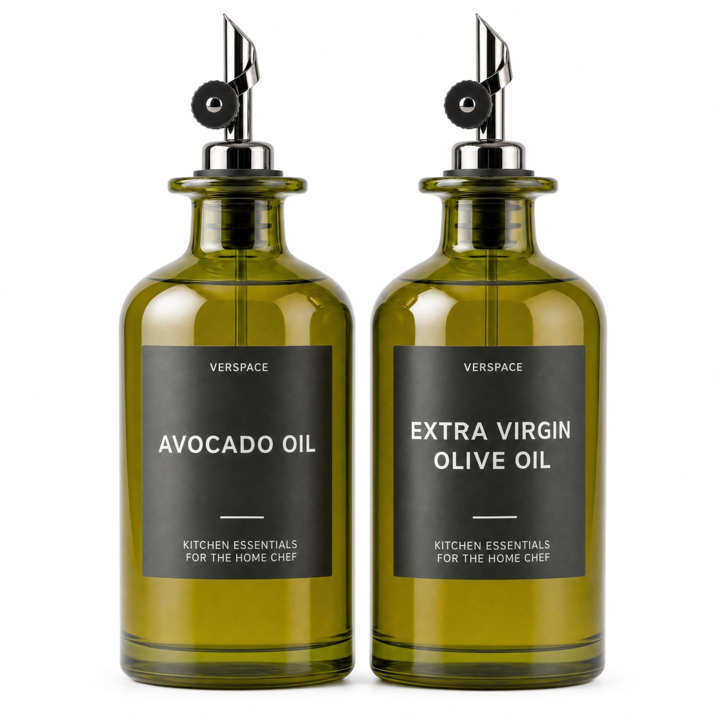Verspace UV-Protected Green Glass Olive Oil Dispenser Bottles For Kitchen - 2 Pack - 17oz Includes 40 Kitchen Essential Labels, Avocado Oil Dispenser Set, Modern Decor for Home, Airbnb, Cafe