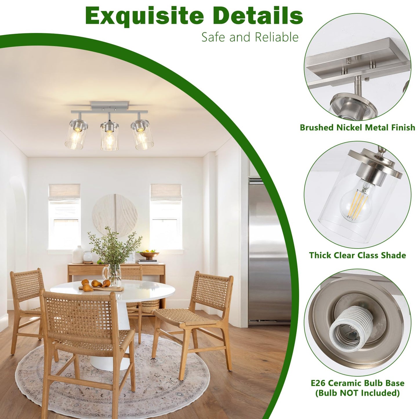 FadimiKoo 3-Lights Kitchen Light Fixtures Ceiling Mount, Brushed Nickel Adjustable Semi Flush Mount Ceiling Light with Clear Glass, Multi-Directional Track Spotlights for Kitchen Hallway Bathroom
