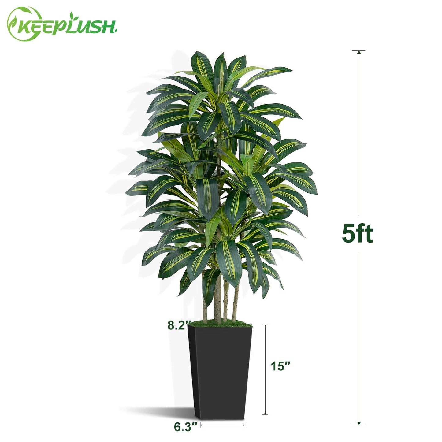 Keeplush 5FT Artificial Dracaena Tree - High-Density Foliage Fake Plant with Black Tall Planter - Faux Yucca Floor Plant for Home Office Decor Indoor