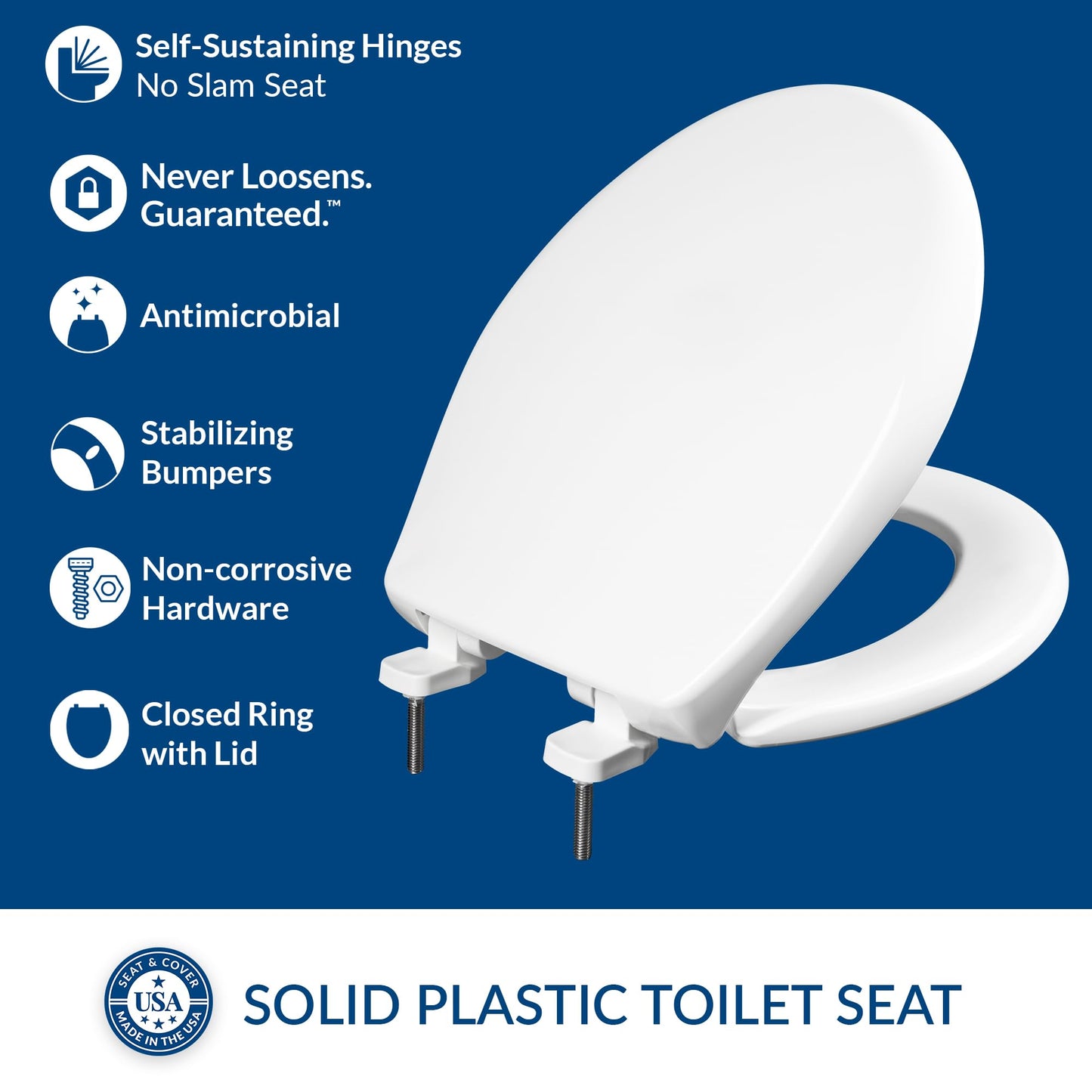 BEMIS 790TDGSL Commercial Heavy Duty Closed Front Toilet Seat with Cover, Industrial No Slam Seat with Secure Installation, Made in USA, Round, White