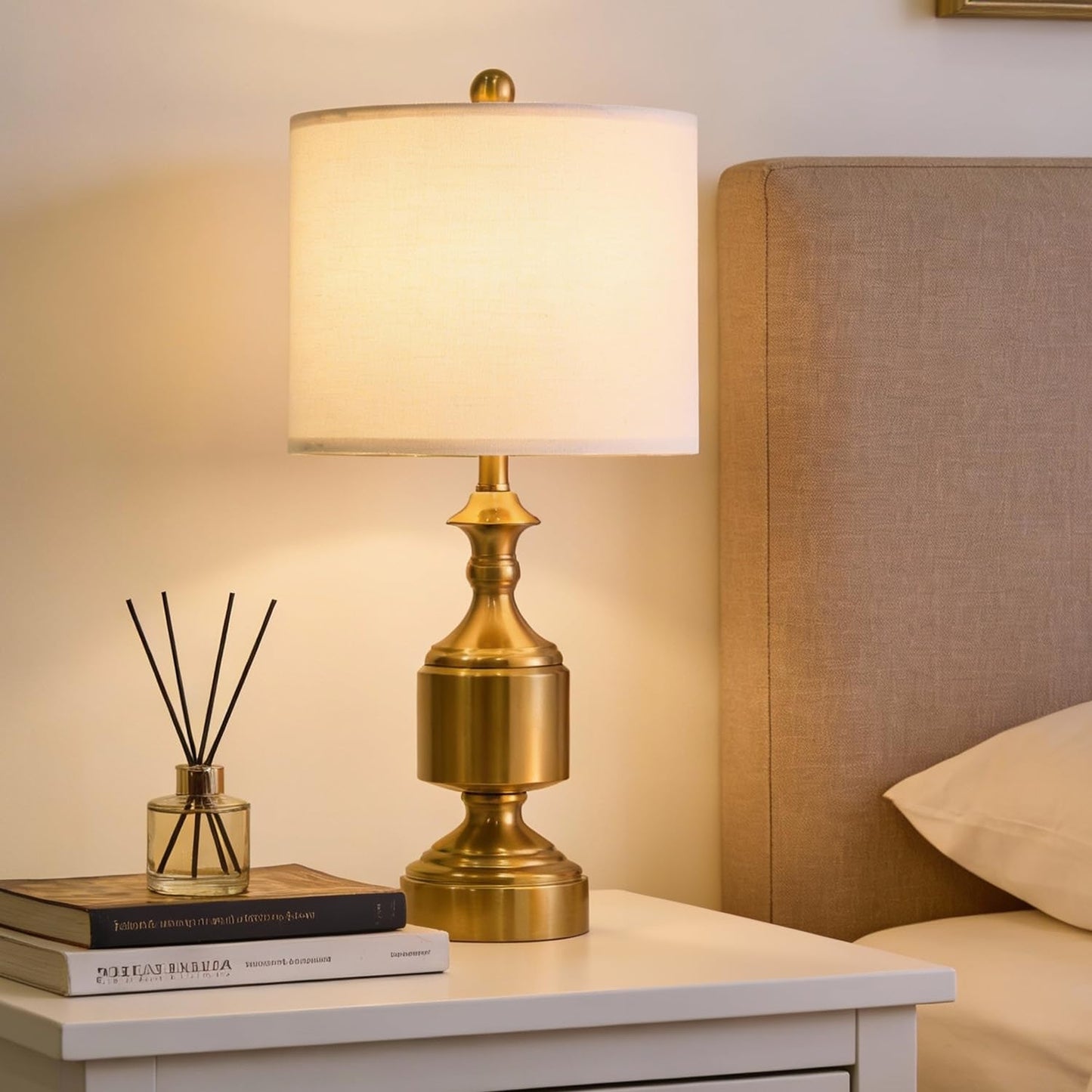 BOBOMOMO Gold Table Lamps Set of 2-20.5" Modern Metal Bedside Lamps for Nightstand, Mid-Century Night Stand Lamps with Linen Shade, Small Lamps for Bedroom Side Table & Home Office