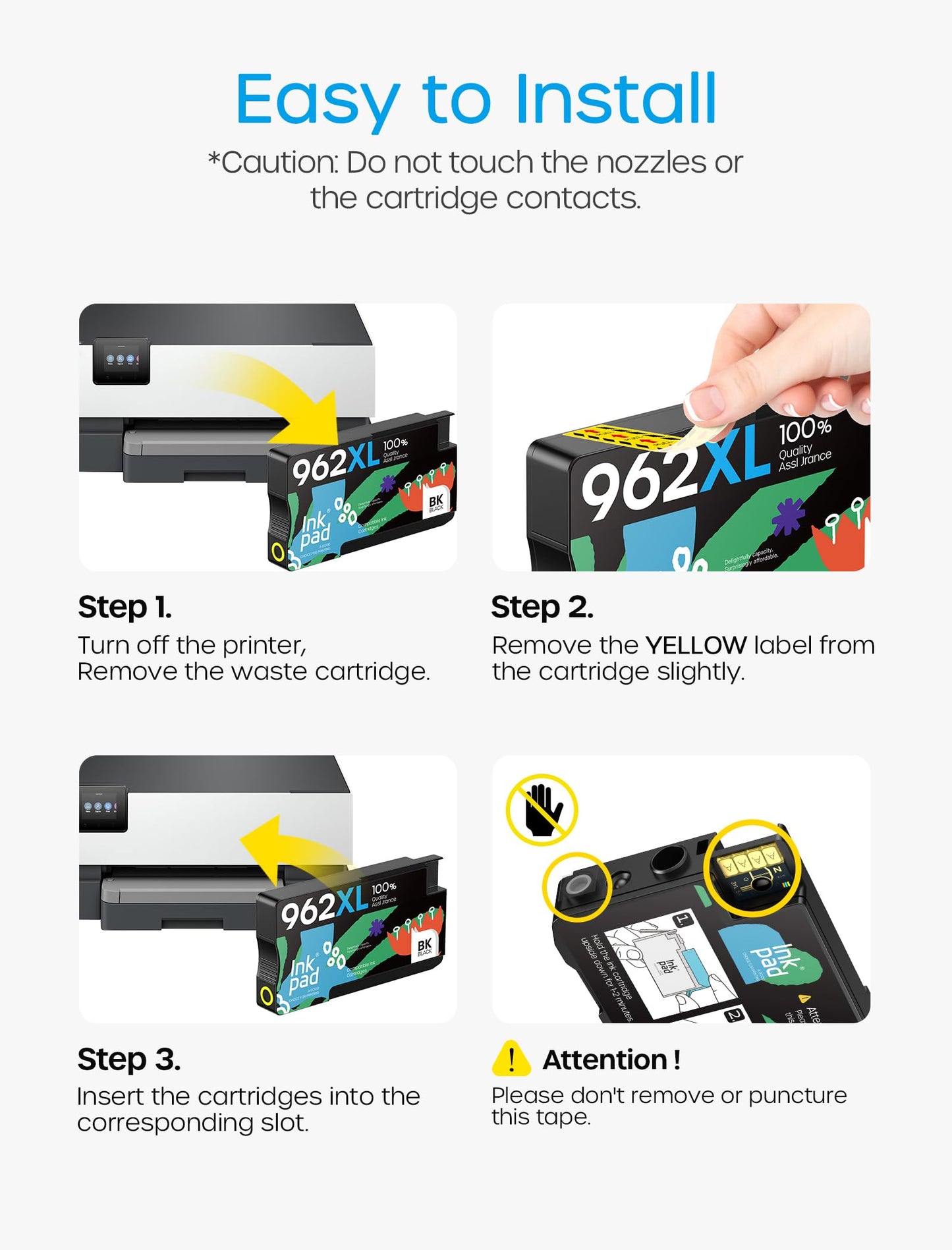 iNKPAD 962XL Ink Cartridges Compatible with HP 962 XL 962 Ink Cartridge Use for Officejet Pro 9018e 9015e 9018 9012e 9015 9010 9018e 9012 9025e 9025 9020 Printers (4 Pack, B/C/M/Y)