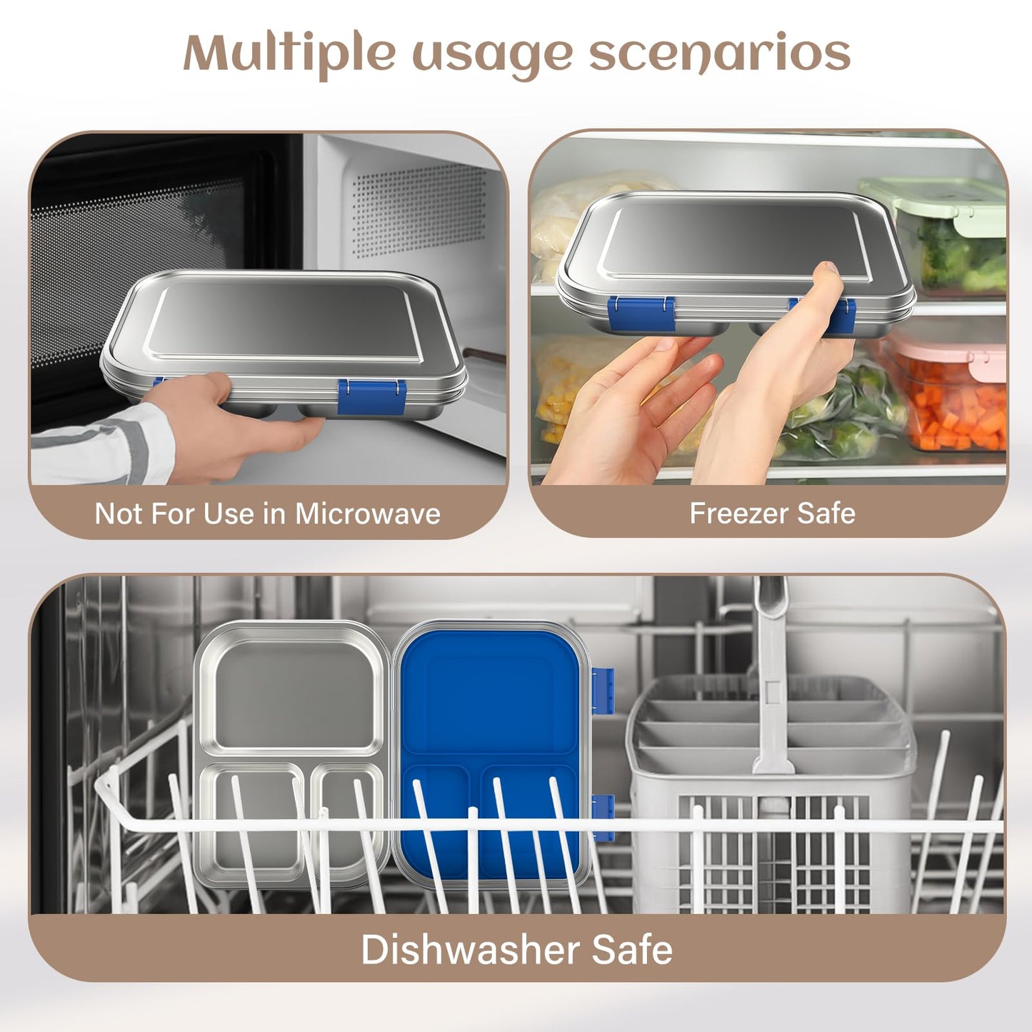 BABHAMNESS Stainless Steel Bento Box Kids, 3 Compartments Leak Proof Metal Bento Lunch Box, 304 Stainless Steel Bento Lunch Containers for School and Office,Dishwasher Safe, BPA-Free-Blue