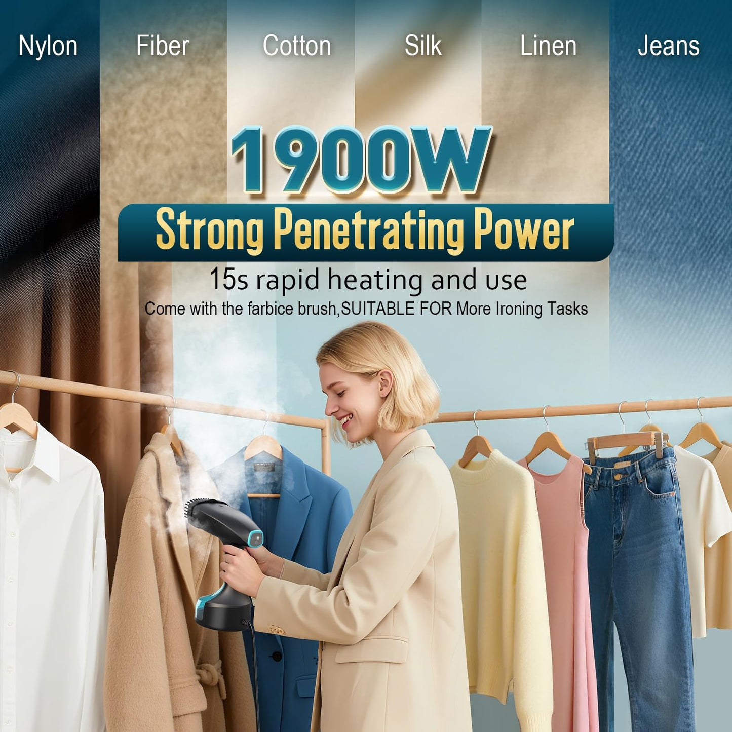 Steamer for Clothes - 1900W Strong Penetrating Steam & Fast Wrinkle Remover Portable Handheld Garment Steamer, 3 Steam Modes, Fabric Brush & 300ml Big Capacity, Clothes Steamer Iron for Home Travel