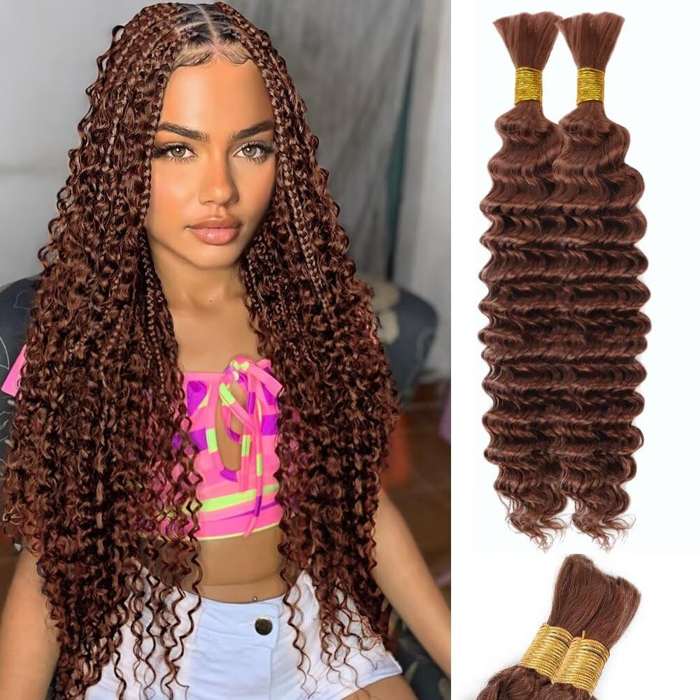 Brown Human Braiding Hair Deep Water Wave Bulk Human Hair 100g 18 Inch Color 30 Curly Human Hair for Boho Braids Hair Extensions No Weft 2 Braids Per Pack Wet and Wavy Human Hair Braiding Hair