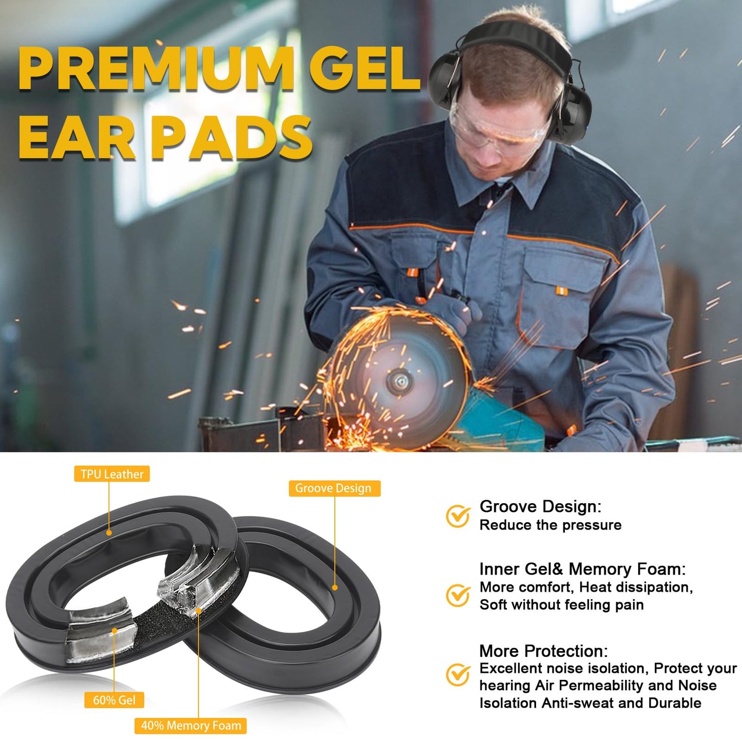 Kalence Gel Ear Pads Bluetooth 5.4 Hearing Protection Headphones, 30dB Noise Cancelling Headphones, 1200mAh Rechargeable Safety Earmuffs Bluetooth Ear Protection for Mowing