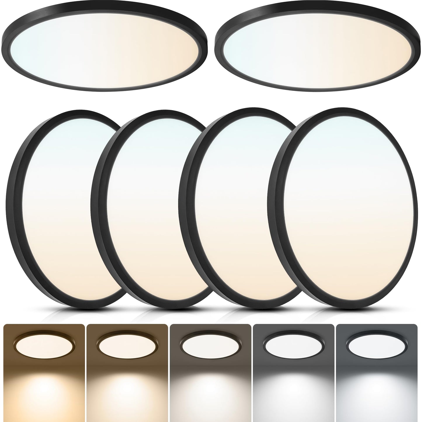 Laiyidia 6-Pack 12in Ultra Thin Flush Mount Ceiling Light, Dimmable 5CCT 2700K-6500K, 24W 2640LM, Hardwired Integrated LED Lighting Fixture for Bedroom Kitchen Hallway Laundry, Edge-lit, Black