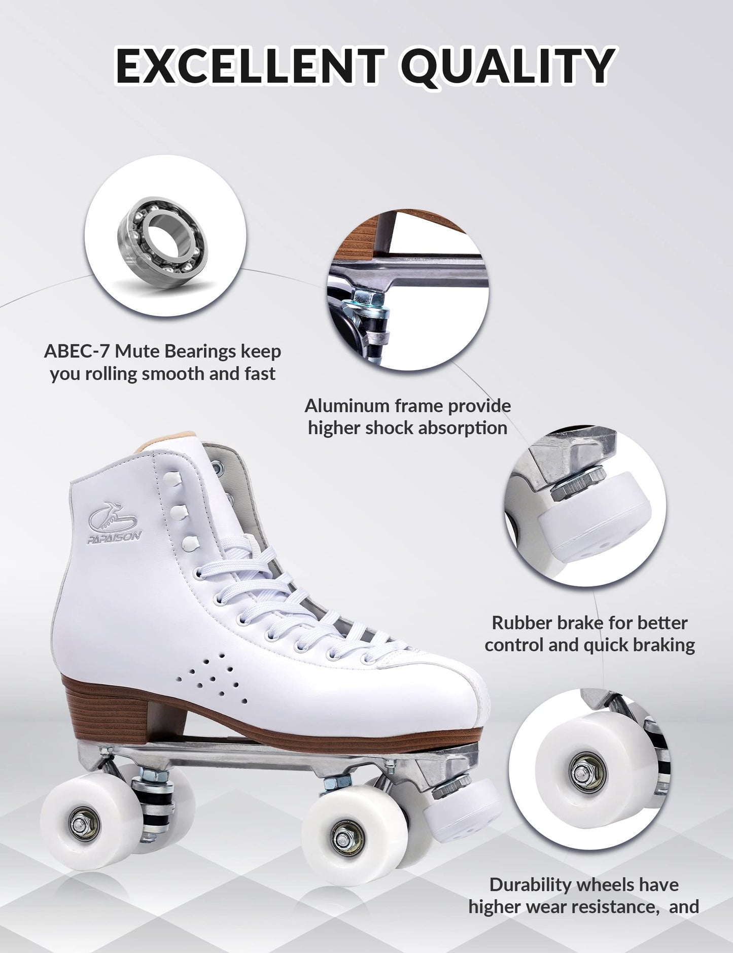 PAPAISON Roller Skates for Women and Girls, Deluxe 2 Layer Microfiber Leather Double Row-Classic Roller Skates for Men, Professional Outdoor Indoor Quad-Skates for Kids & Adults
