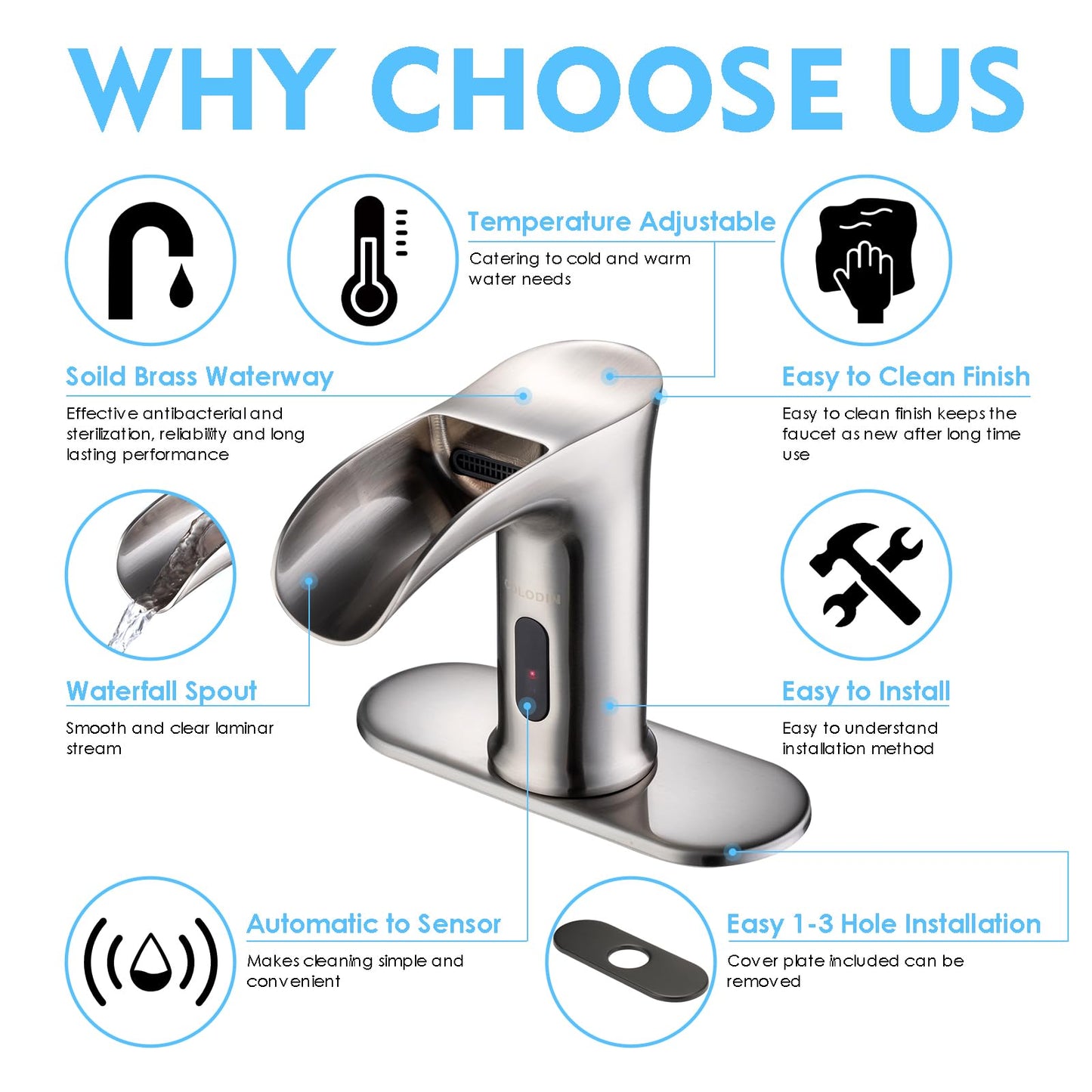 CDLODIN Automatic Sensor Touchless Waterfall Bathroom Sink Faucet, Modern Electronic Sensor Lavatory Faucet, Brushed Nickel Hands Free Vanity Faucets with Control Box and Temperature Mixer