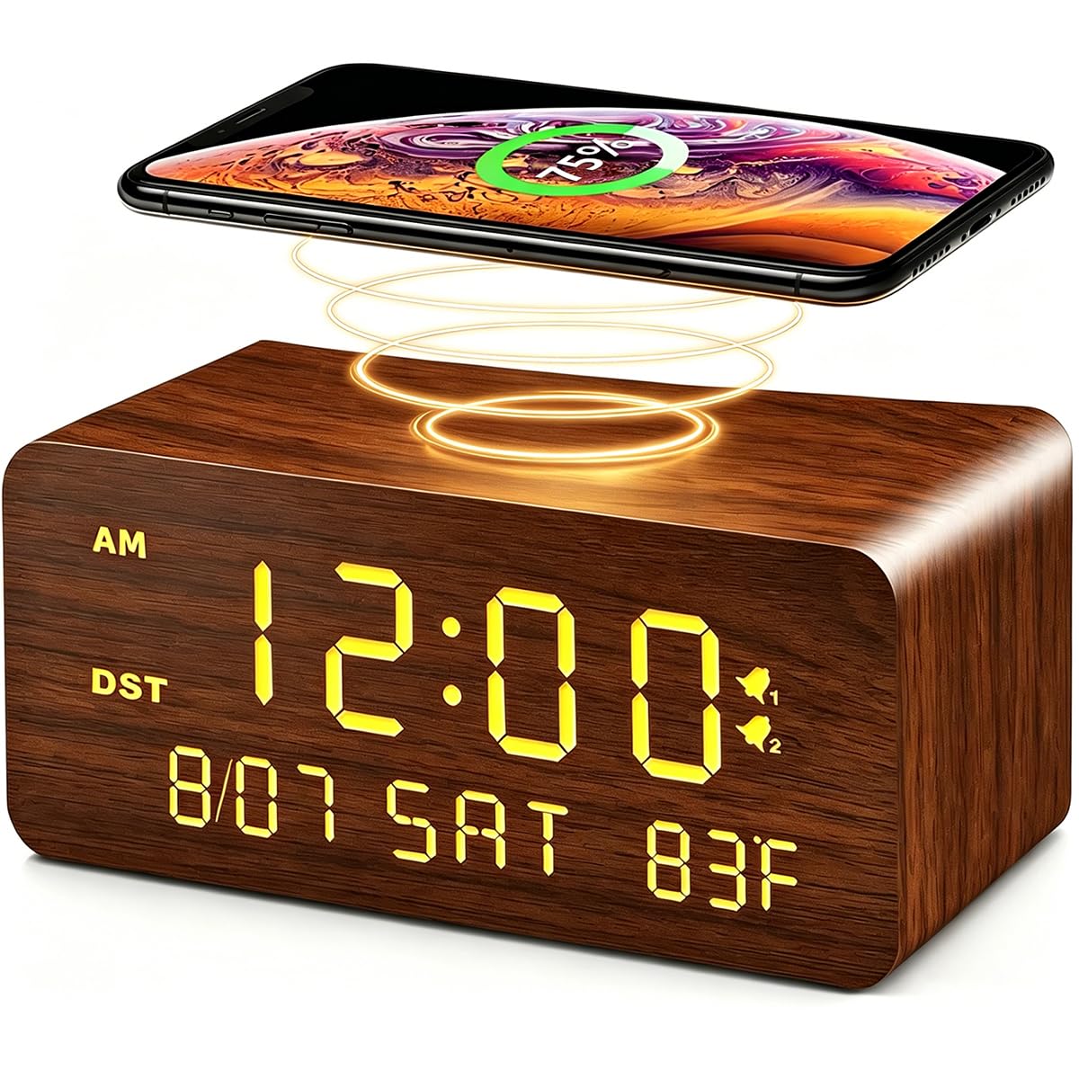 Andoolex Wooden Digital Alarm Clock with Wireless Charging, 0-100% Adjustable Brightness Dimmer and Alarm Volume, Weekday/Weekend Mode, Dual Alarm, Snooze, 12/24H, Wood LED Clock for Bedroom (Brown)