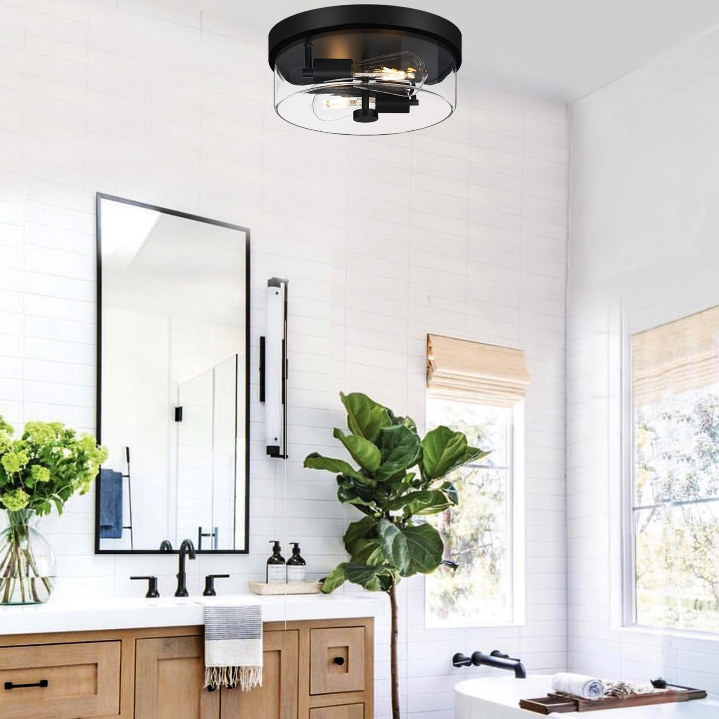 szzgco Flush Mount Ceiling Light Fixtures, 2-Light Black Ceiling Mount for Farmhouse with Clear Glass Lampshade, Industrial Flush Mount Light Fixture for Hallway, Kitchen, Entryway and Foyer